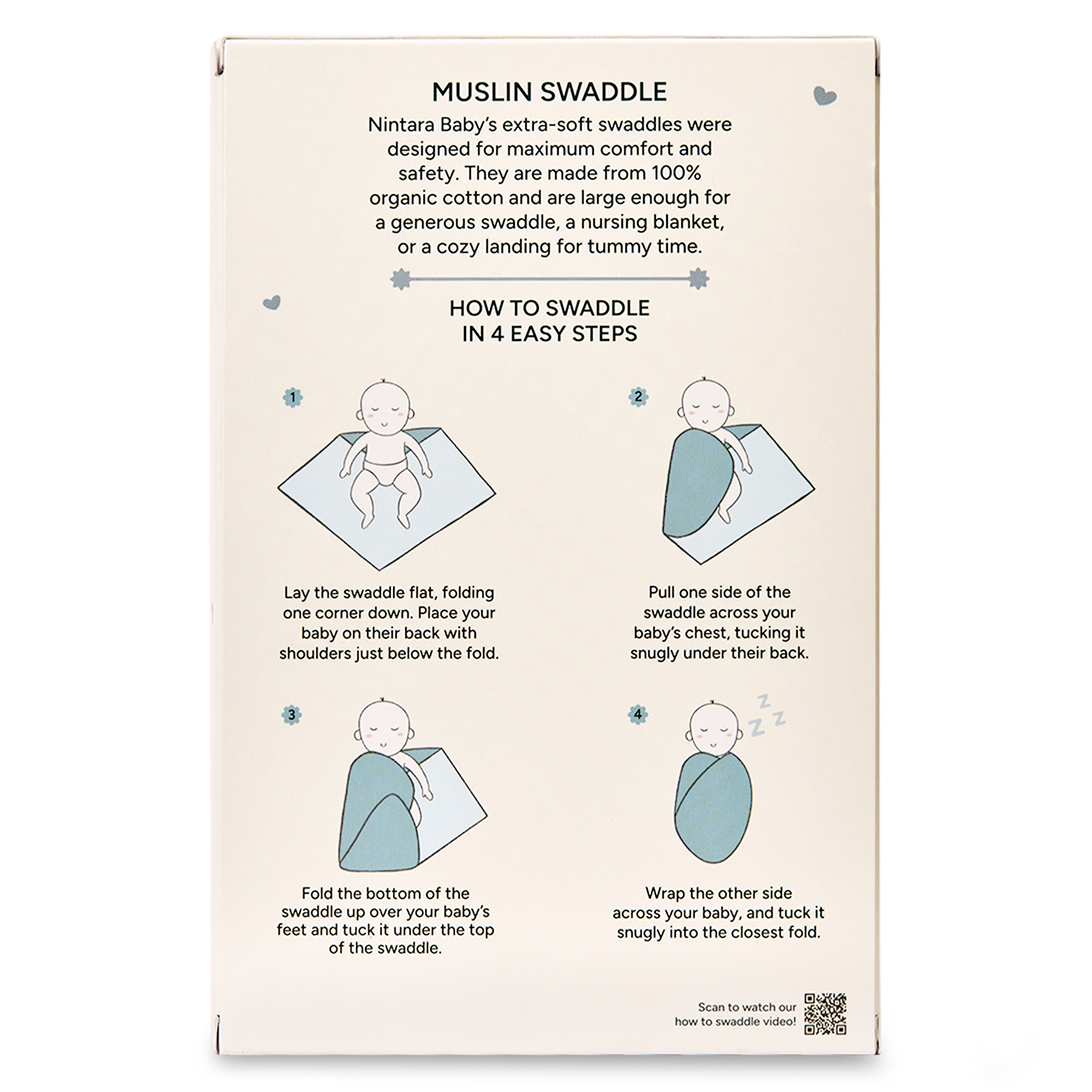 Nintara Baby Swaddle - 100% Organic Premium Muslin Cotton, 39" x 39" (100 cm x 100 cm), Ultra-Soft, Breathable & Lightweight, Multipurpose, Unisex, Hypoallergenic, Gifts for Newborn Babies