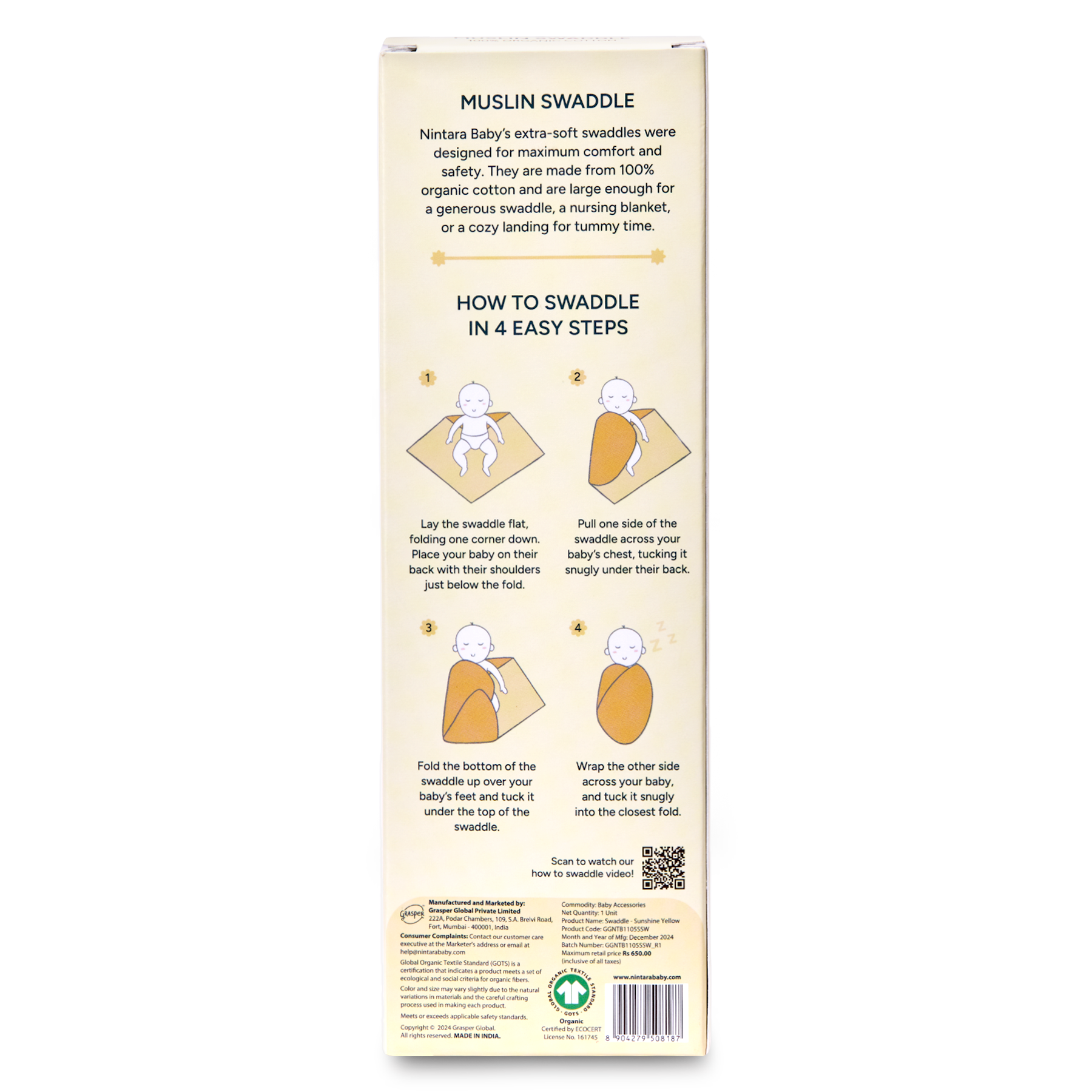 Nintara Baby Swaddle - 100% Organic Premium Muslin Cotton, 39" x 39" (100 cm x 100 cm), Ultra-Soft, Breathable & Lightweight, Multipurpose, Unisex, Hypoallergenic, Gifts for Newborn Babies