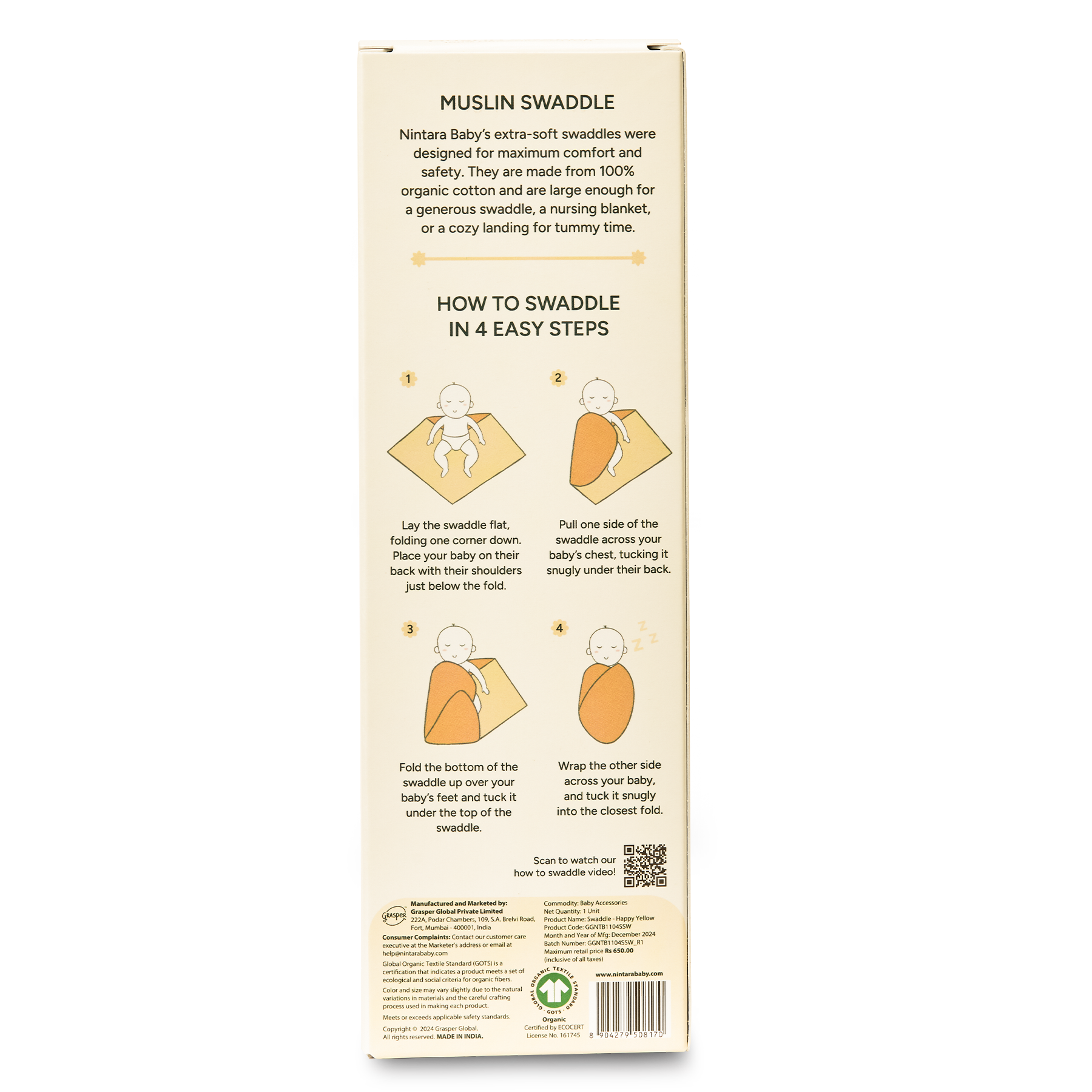 Nintara Baby Swaddle - 100% Organic Premium Muslin Cotton, 39" x 39" (100 cm x 100 cm), Ultra-Soft, Breathable & Lightweight, Multipurpose, Unisex, Hypoallergenic, Gifts for Newborn Babies