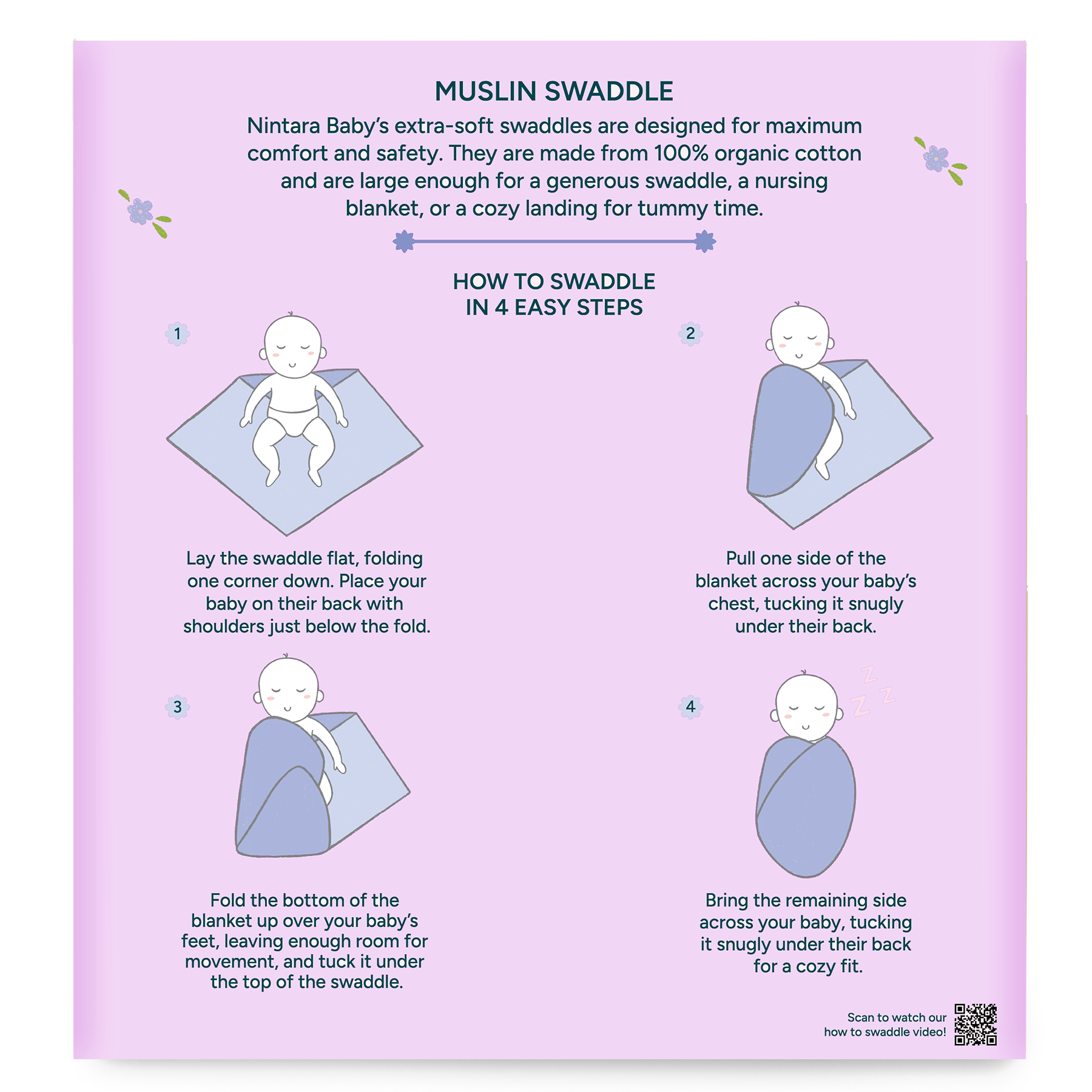 Extra-Large Swaddle - 100% Organic Premium Muslin Cotton, 47" x 47" (119 cm x 119 cm), Ultra-Soft, Breathable & Lightweight, Unisex, Hypoallergenic, Gifts for Newborn Babies, Pack of 2/3