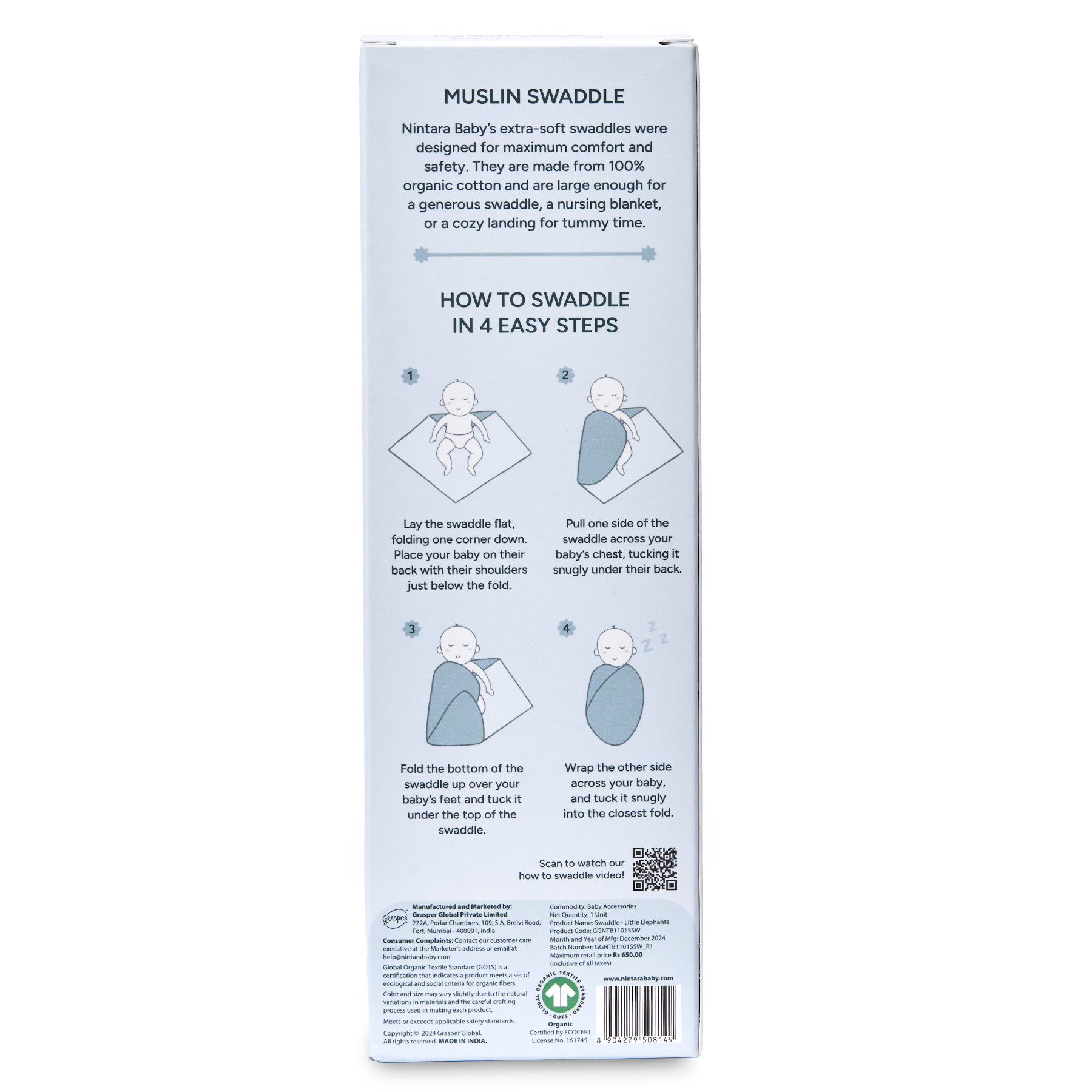 Nintara Baby Swaddle - 100% Organic Premium Muslin Cotton, 39" x 39" (100 cm x 100 cm), Ultra-Soft, Breathable & Lightweight, Multipurpose, Unisex, Hypoallergenic, Gifts for Newborn Babies