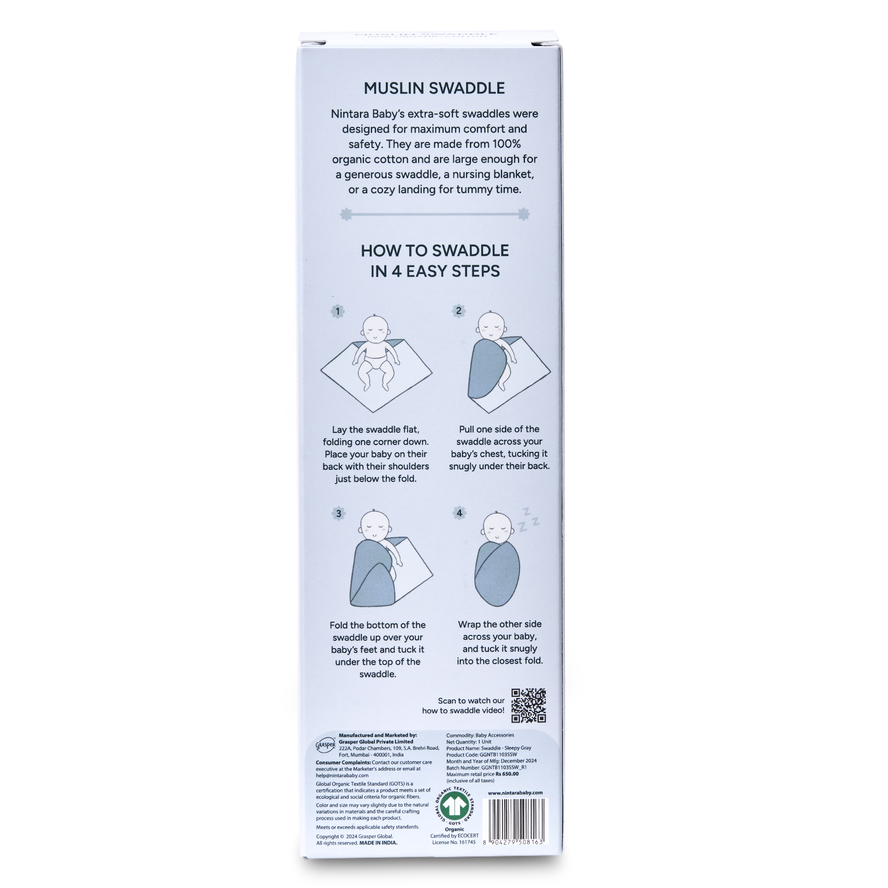 Nintara Baby Swaddle - 100% Organic Premium Muslin Cotton, 39" x 39" (100 cm x 100 cm), Ultra-Soft, Breathable & Lightweight, Multipurpose, Unisex, Hypoallergenic, Gifts for Newborn Babies