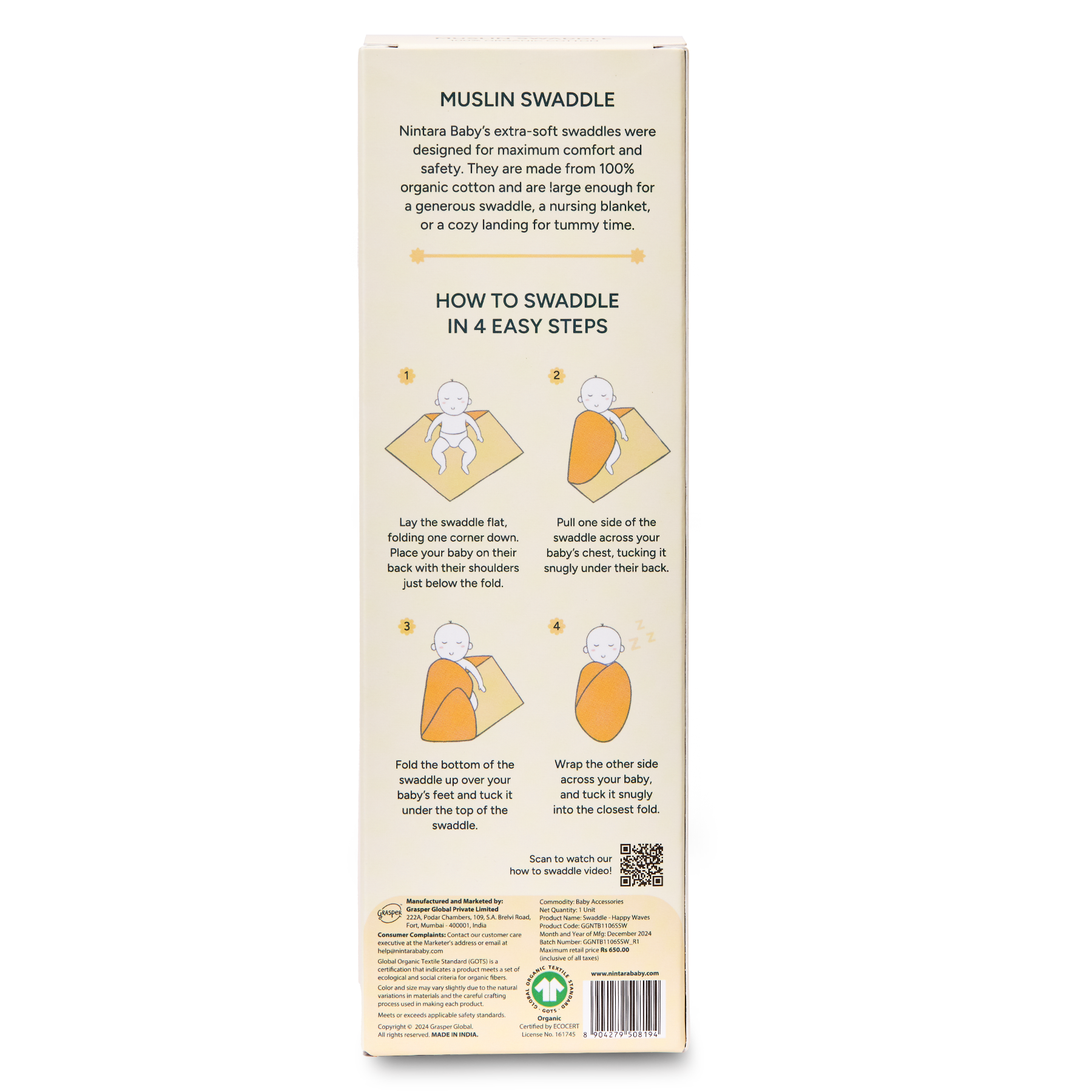 Nintara Baby Swaddle - 100% Organic Premium Muslin Cotton, 39" x 39" (100 cm x 100 cm), Ultra-Soft, Breathable & Lightweight, Multipurpose, Unisex, Hypoallergenic, Gifts for Newborn Babies