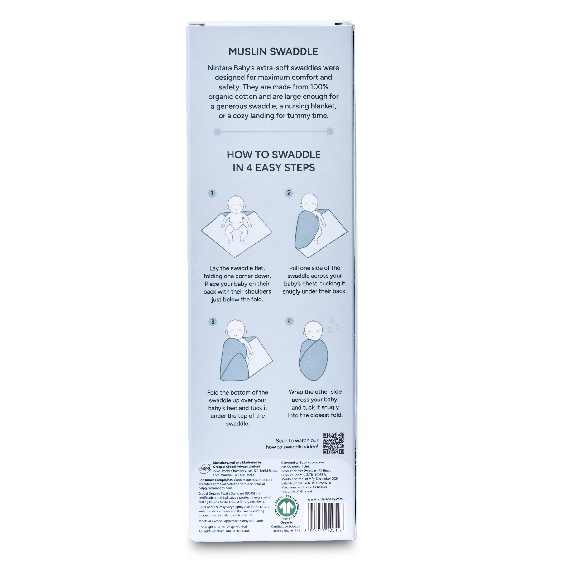 Nintara Baby Swaddle - 100% Organic Premium Muslin Cotton, 39" x 39" (100 cm x 100 cm), Ultra-Soft, Breathable & Lightweight, Multipurpose, Unisex, Hypoallergenic, Gifts for Newborn Babies