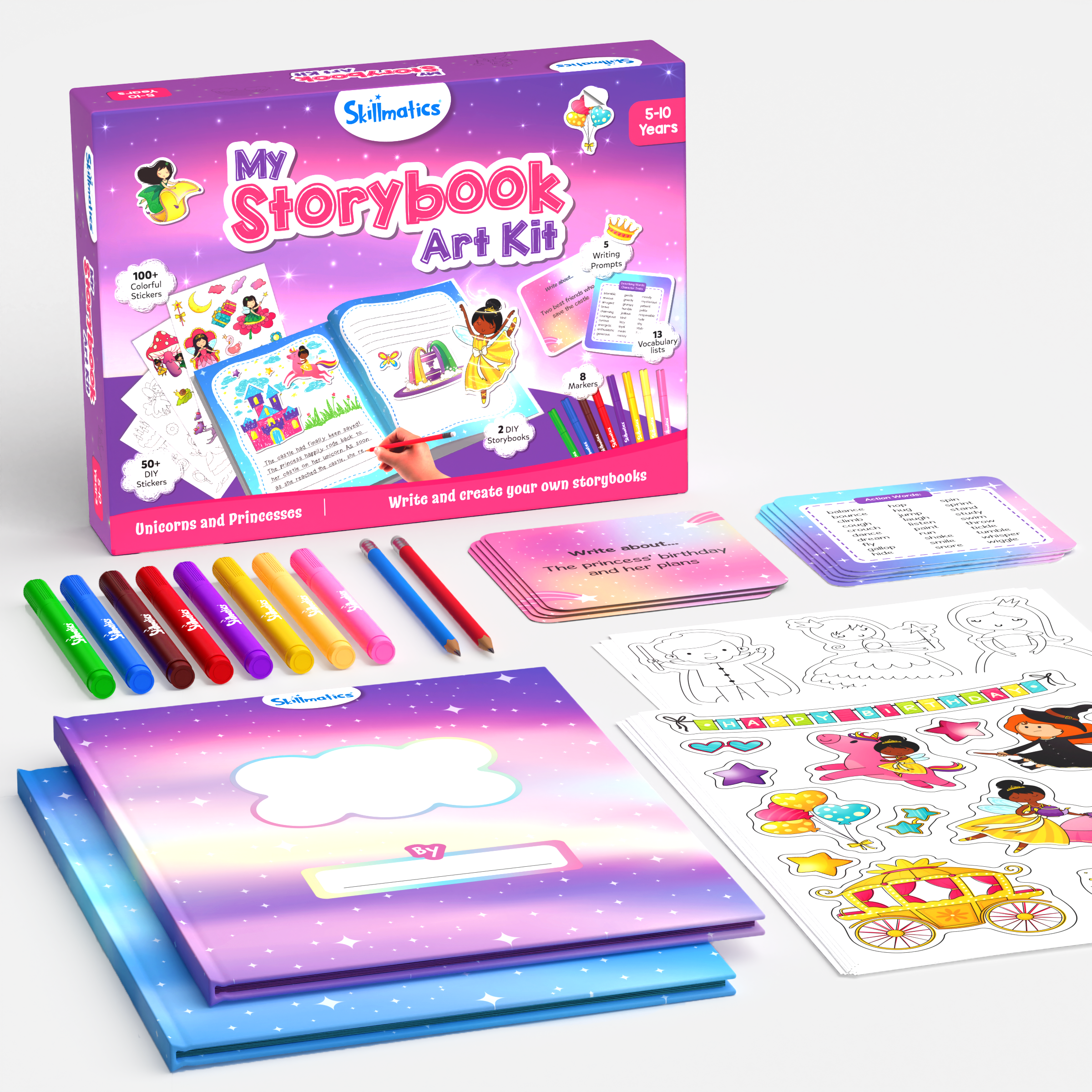 Skillmatics Storybook Art Kit - Unicorn & Princesses Art Kit for Kids, Write & Create Fairytale Storybooks, Creative Activity for Girls, DIY Kit, 150+ Stickers, Gifts for Ages 5, 6, 7, 8, 9, 10