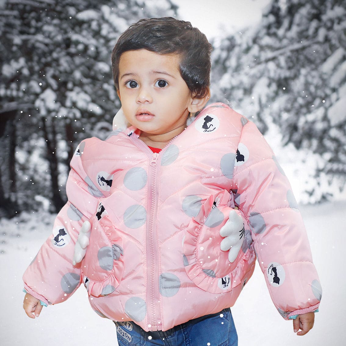 Polka Dotted Pink Hooded Full Sleeve Padded Jacket