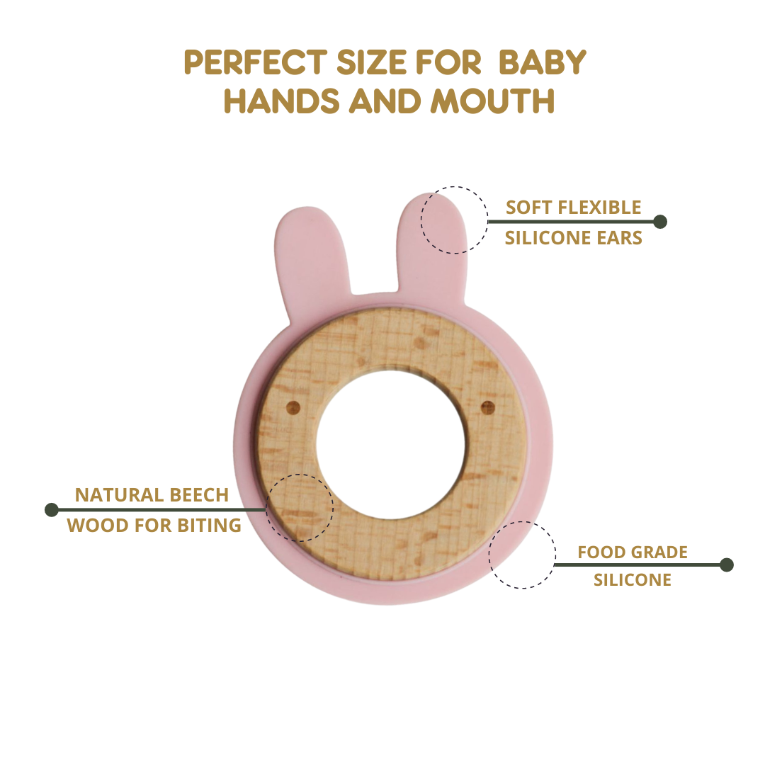 Wood + Silicone Disc Teether Toy - Pink