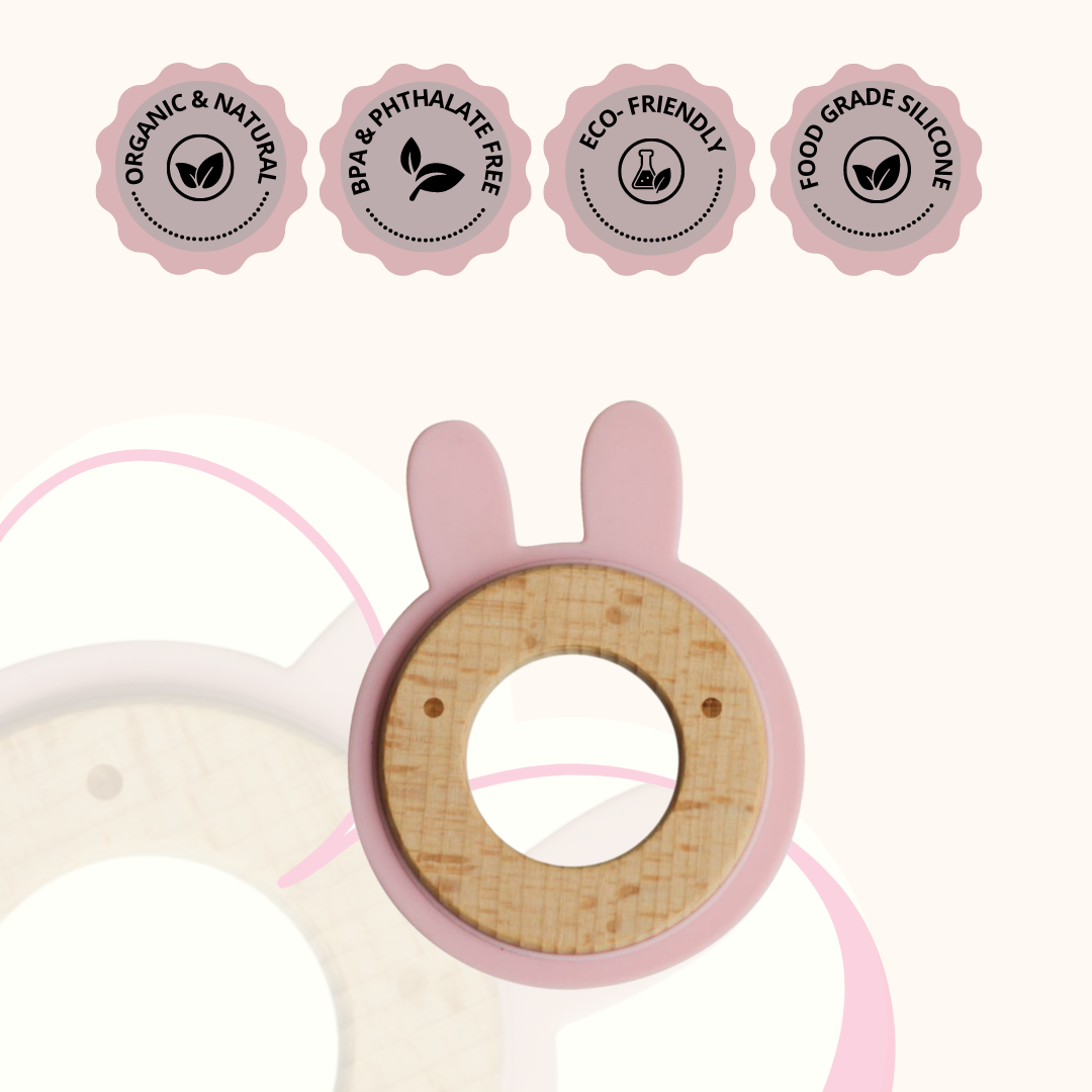 Wood + Silicone Disc Teether Toy - Pink
