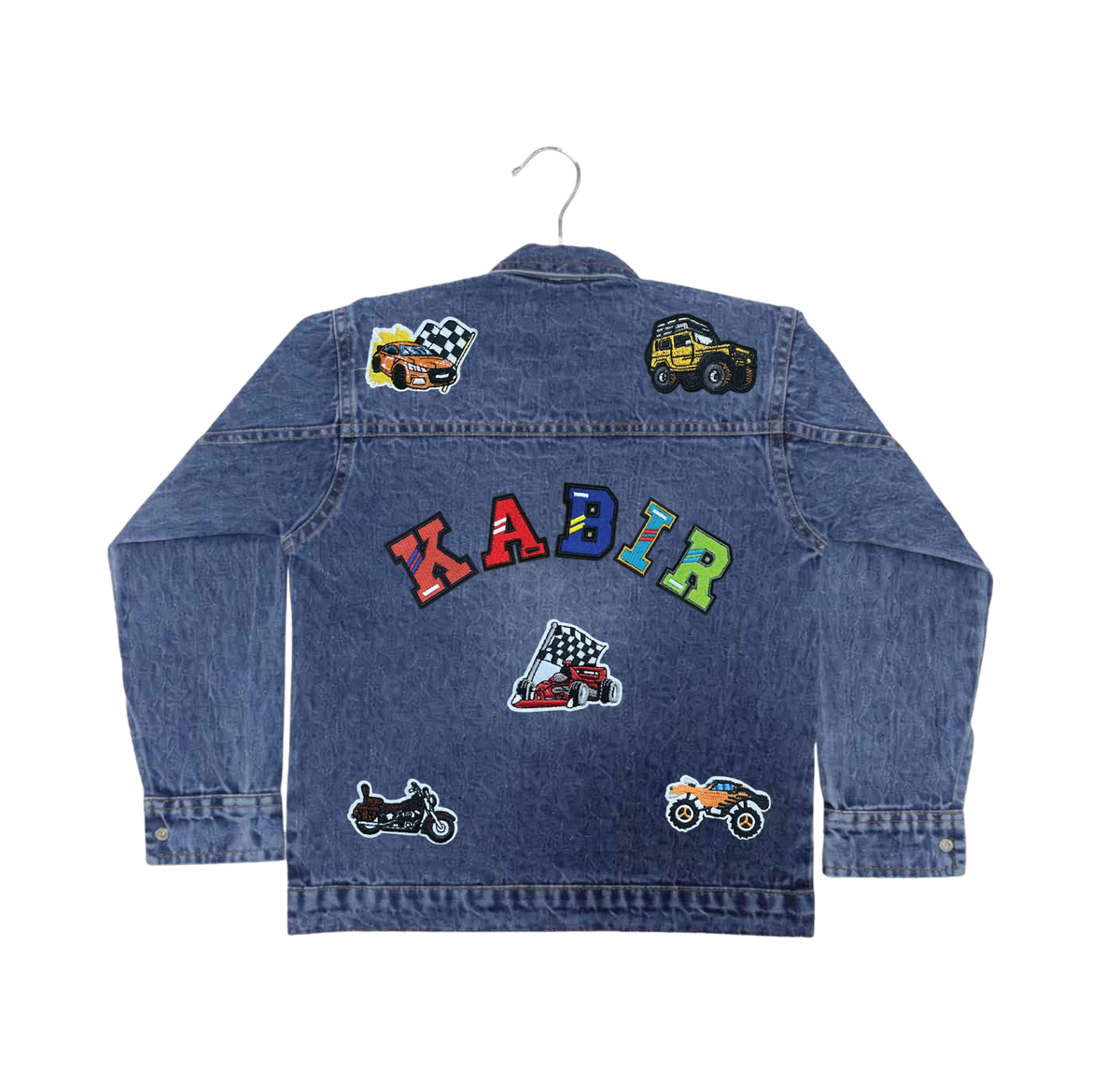 Dark blue personalised kids denim jacket with colourful racing patches and KABIR name lettering on the back