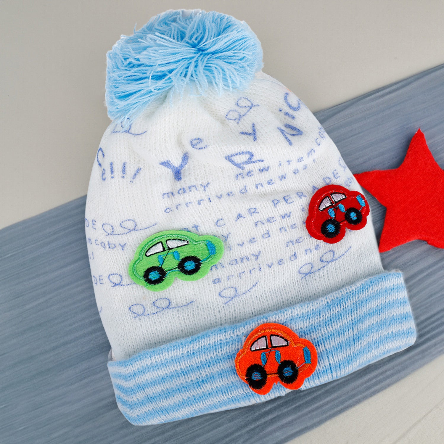 Baby Moo Car Pom Pom Breathable Beanie Warm Knitted Woollen Cap - Blue