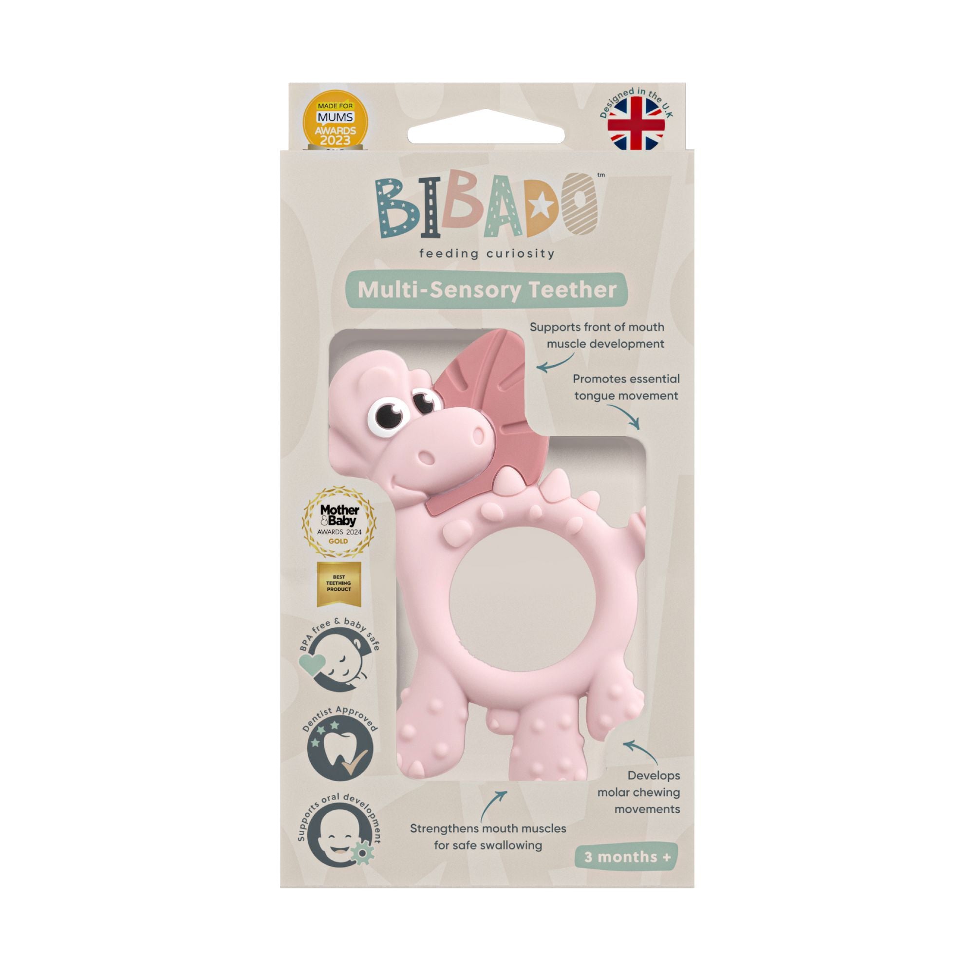 BiBaDo Dotty the Dinosaur- Silicone Multi Sensory Teether - Blush- 3m+