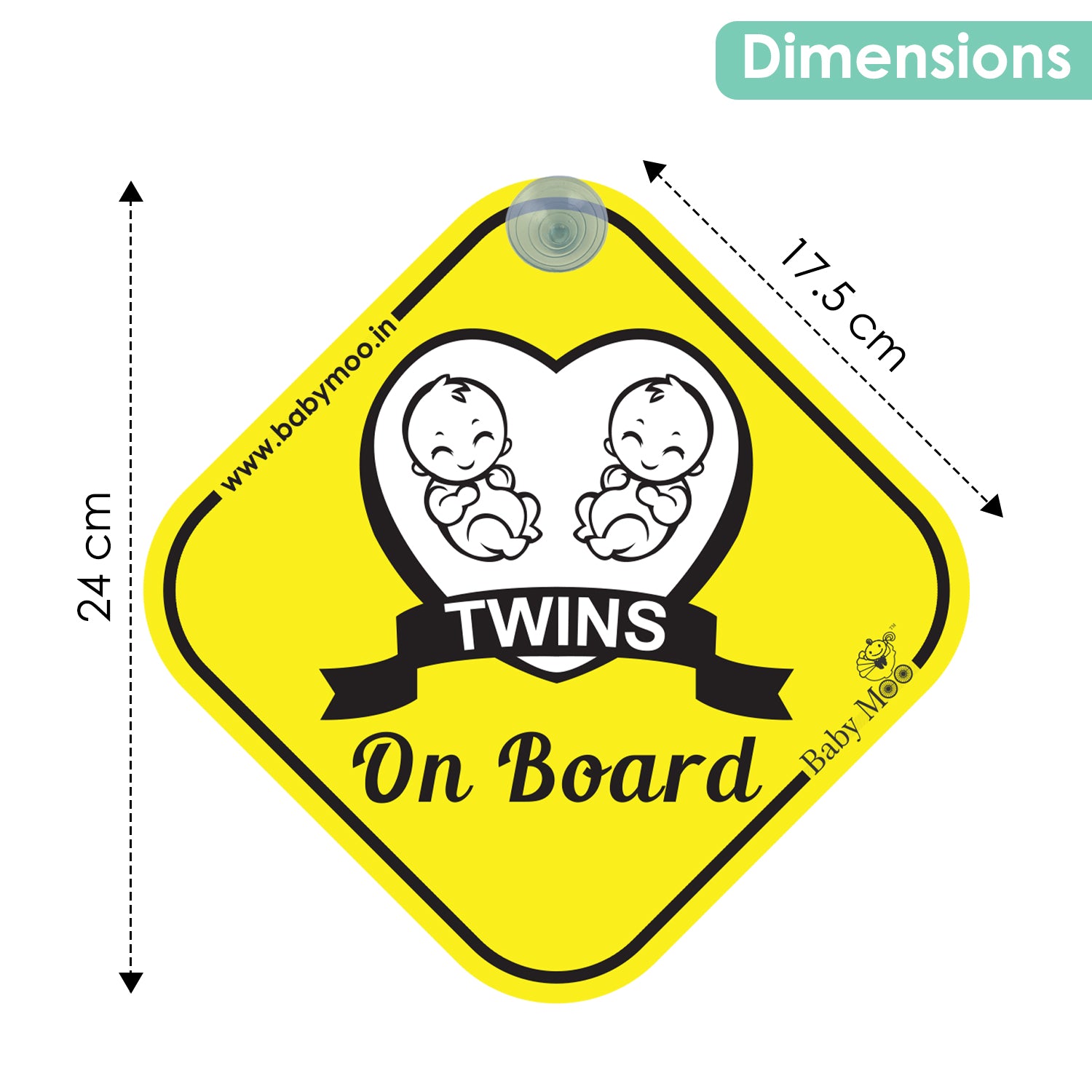 Baby Moo Twins On Board With Vacuum Suction Cup Clip - Yellow