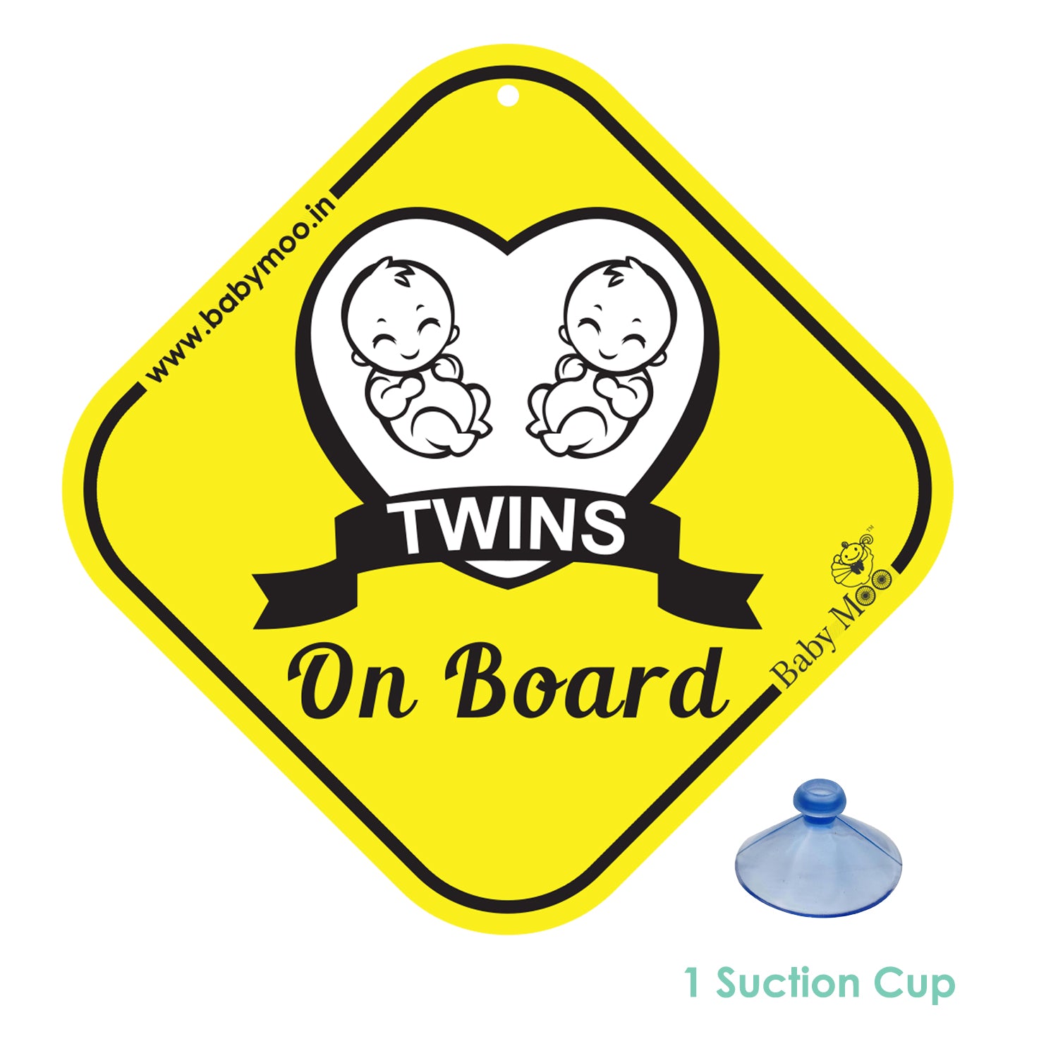 Baby Moo Twins On Board With Vacuum Suction Cup Clip - Yellow