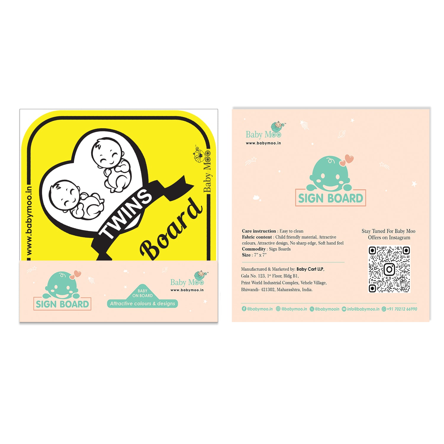 Baby Moo Twins On Board With Vacuum Suction Cup Clip - Yellow