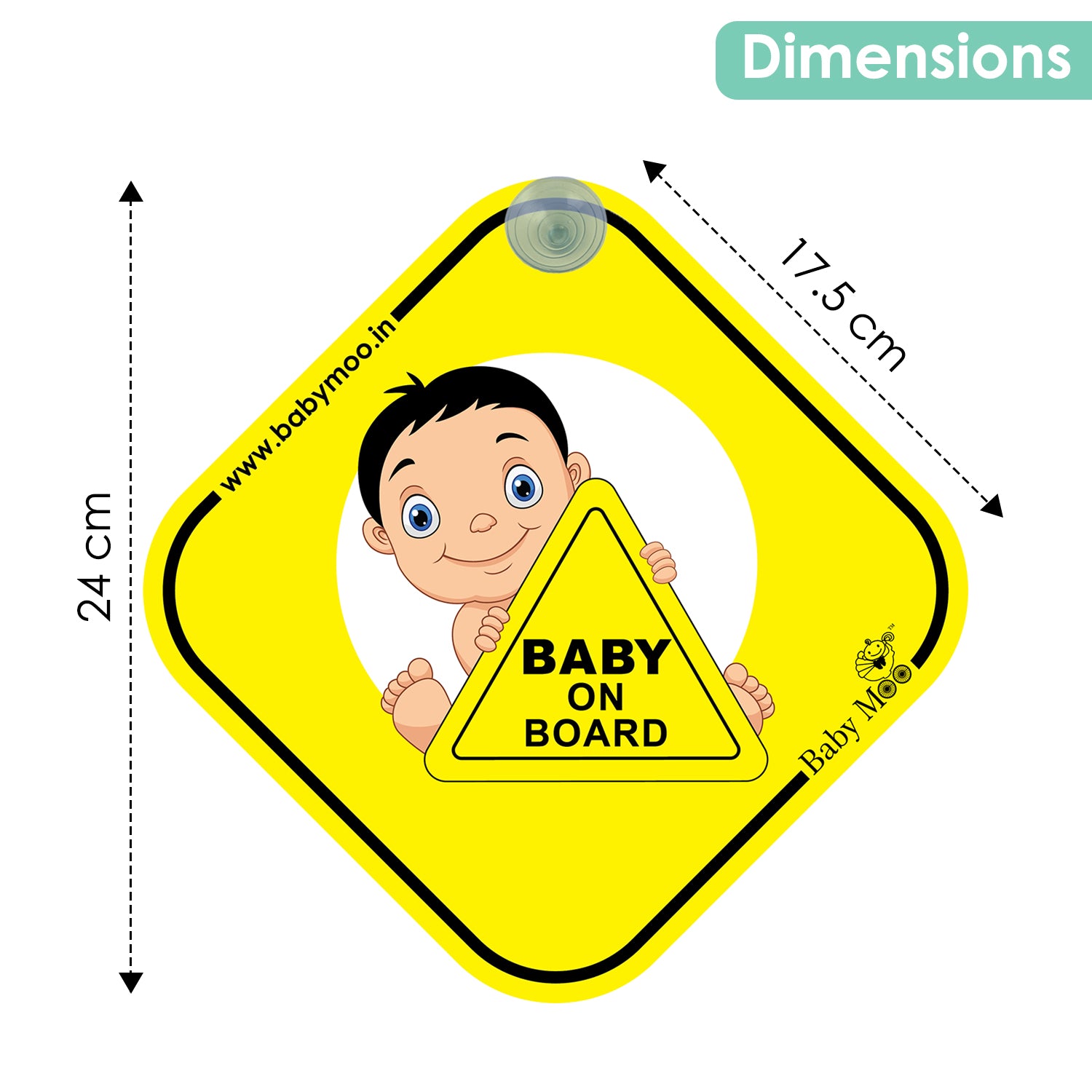 Baby Moo Kids On Board Car Safety Sign With Vacuum Suction Cup Clip - Yellow