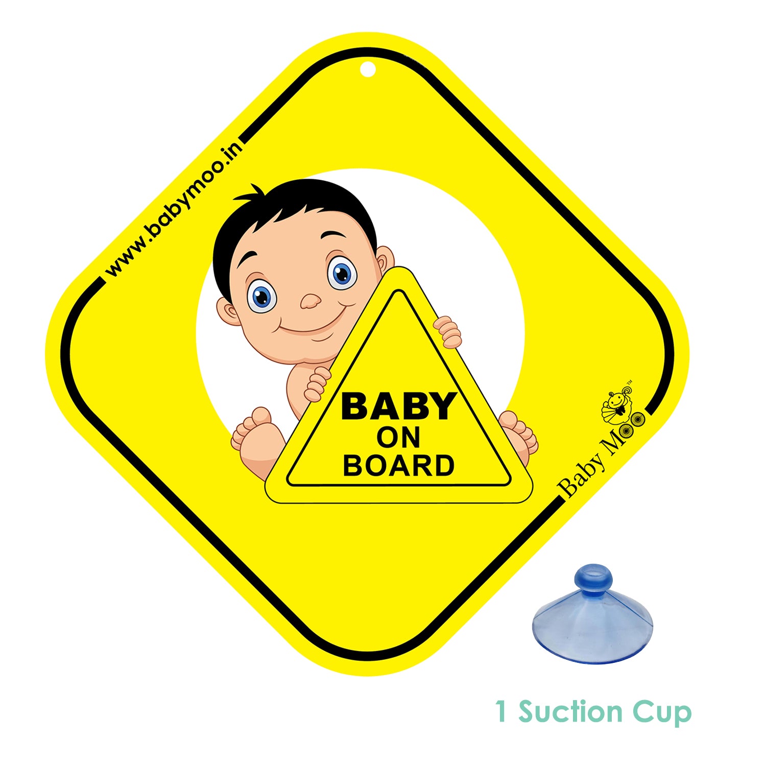 Baby Moo Kids On Board Car Safety Sign With Vacuum Suction Cup Clip - Yellow