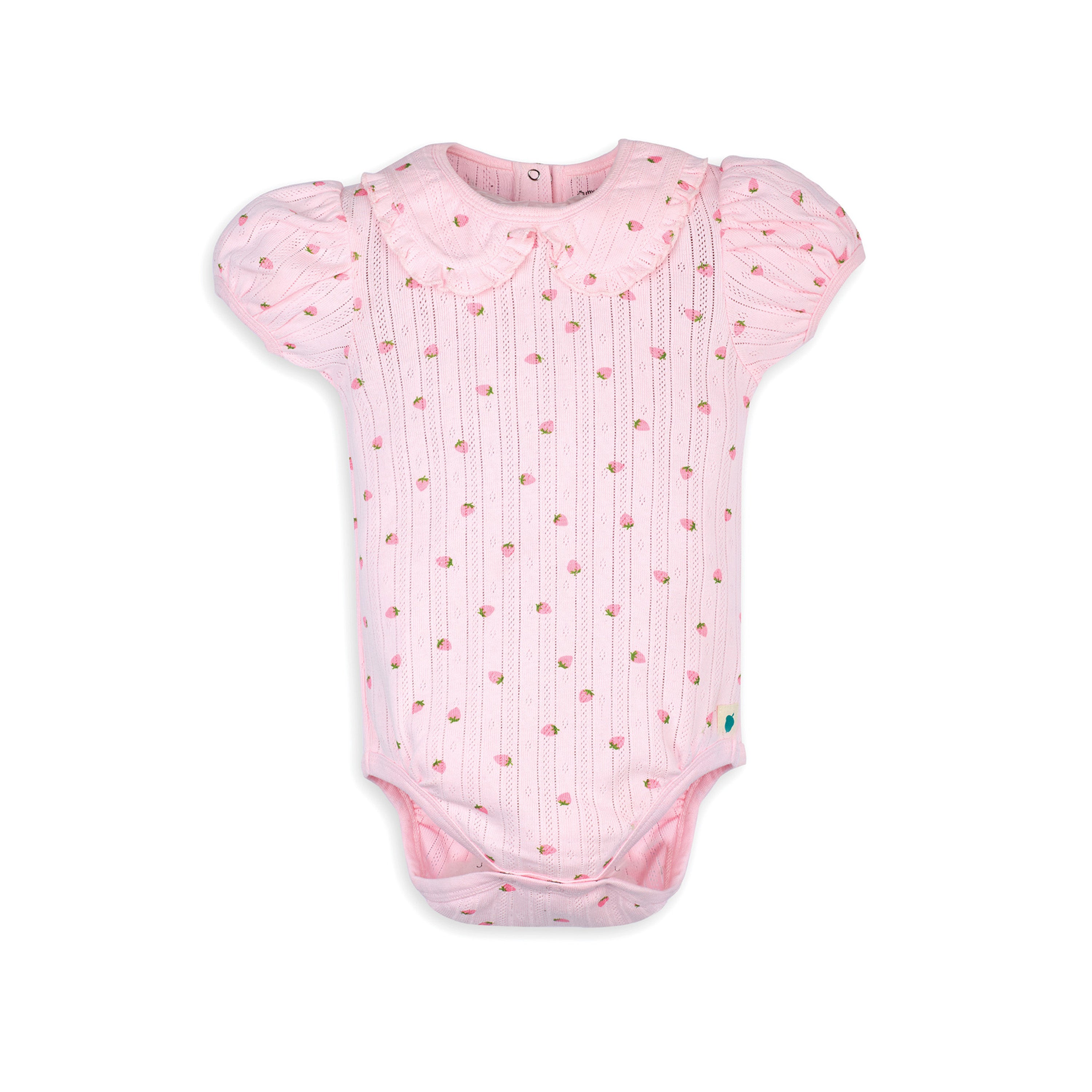 My Milestones Ruffle Peter Pan Collar Pointelle Onesie Strawberry Print - Pink