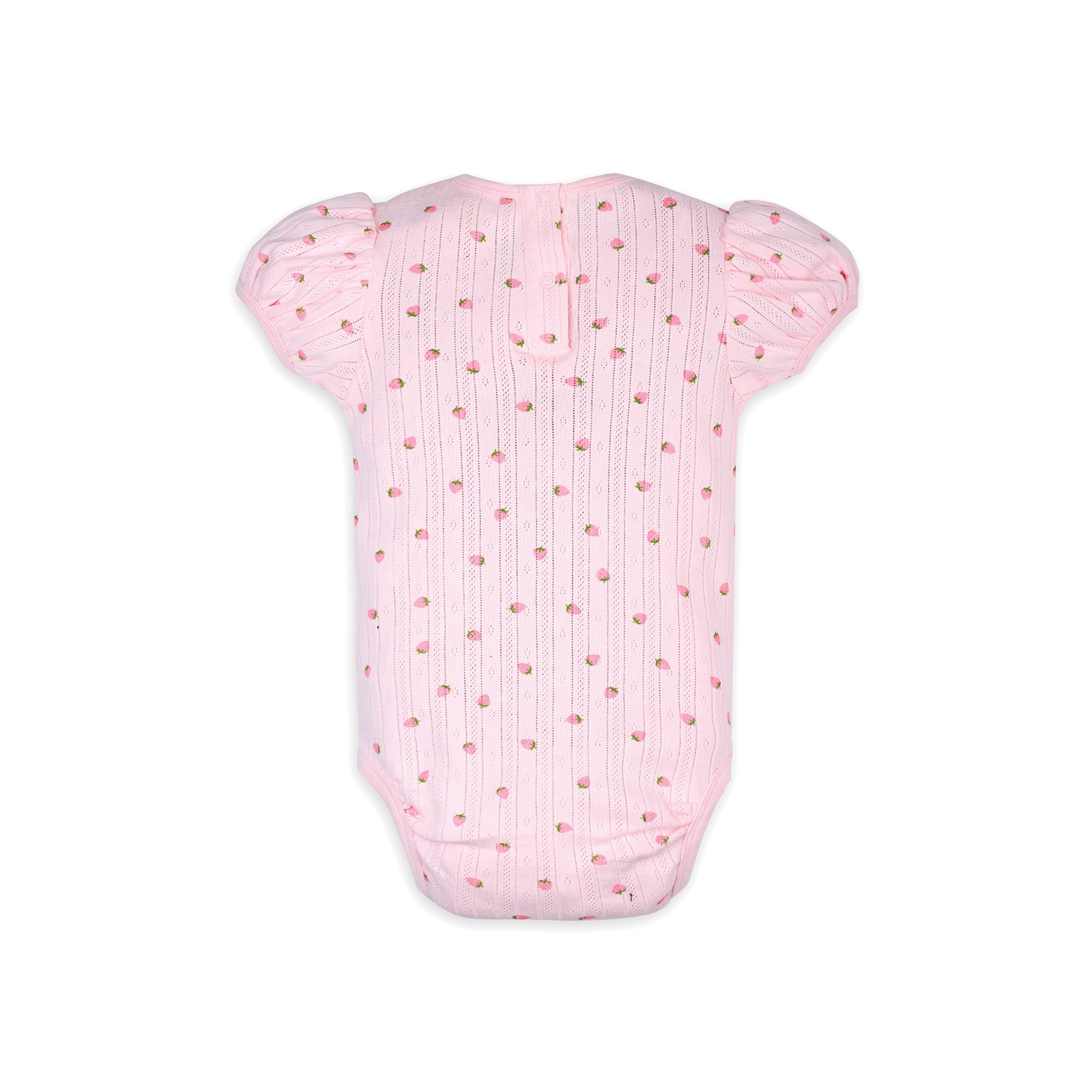 My Milestones Ruffle Peter Pan Collar Pointelle Onesie Strawberry Print - Pink