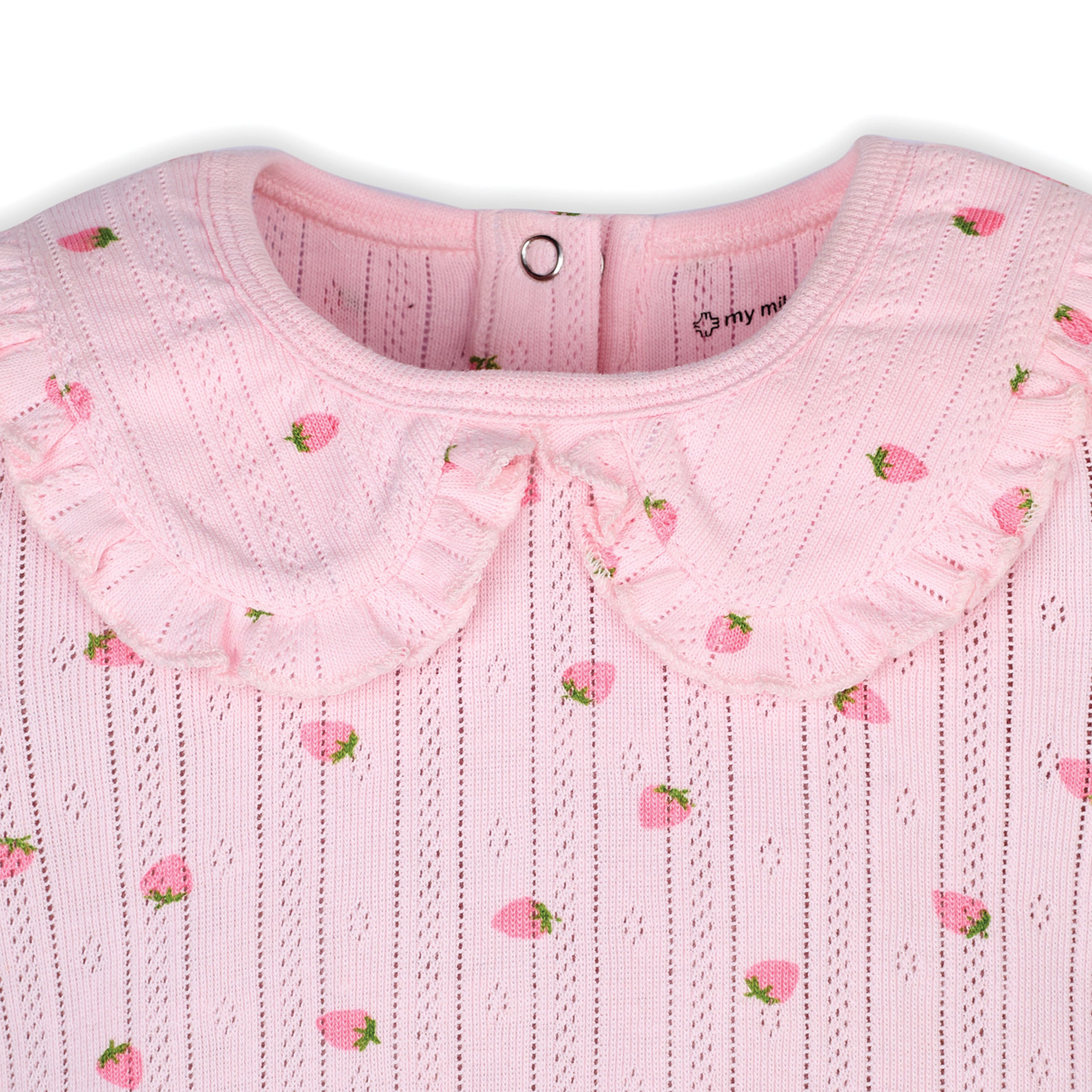 My Milestones Ruffle Peter Pan Collar Pointelle Onesie Strawberry Print - Pink