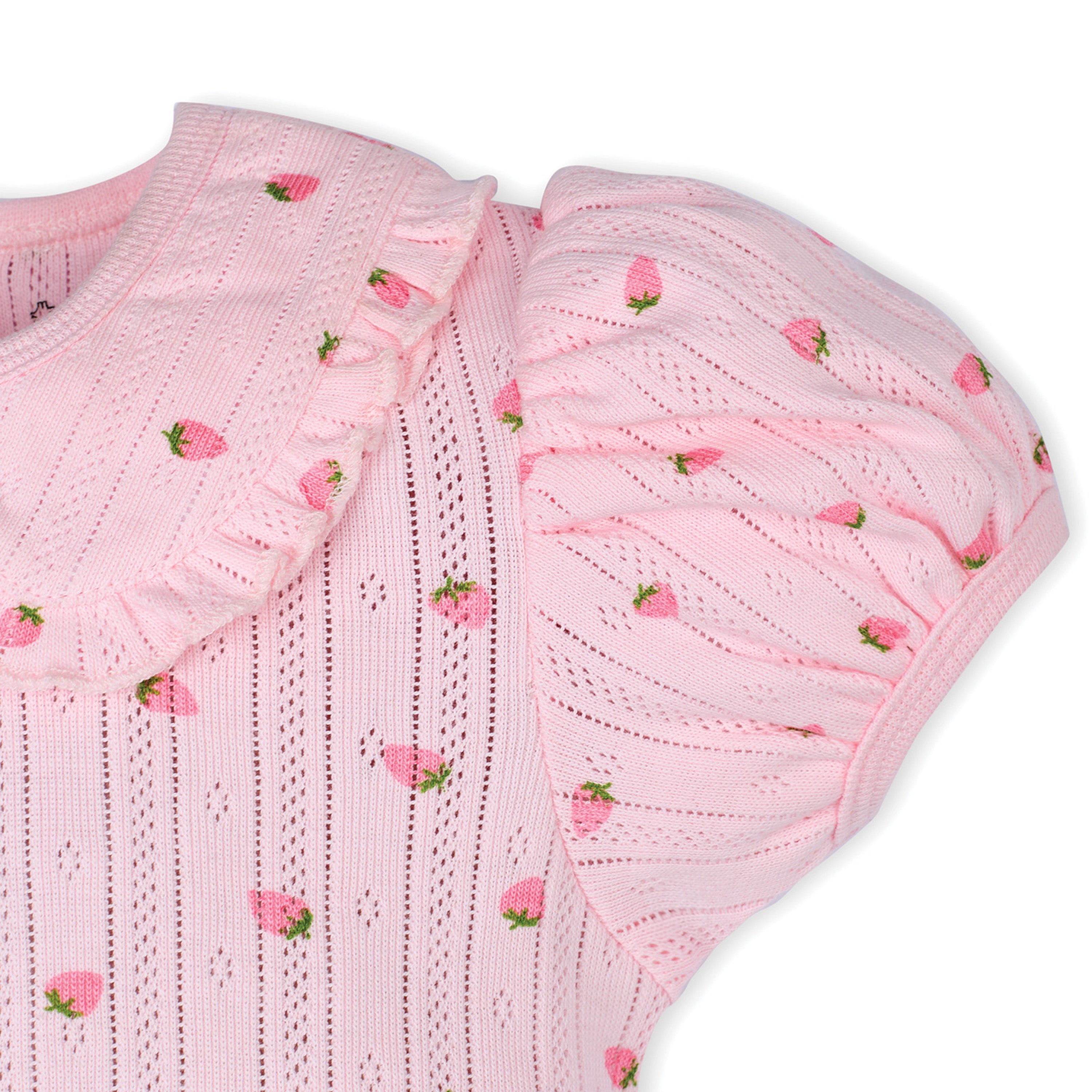 My Milestones Ruffle Peter Pan Collar Pointelle Onesie Strawberry Print - Pink