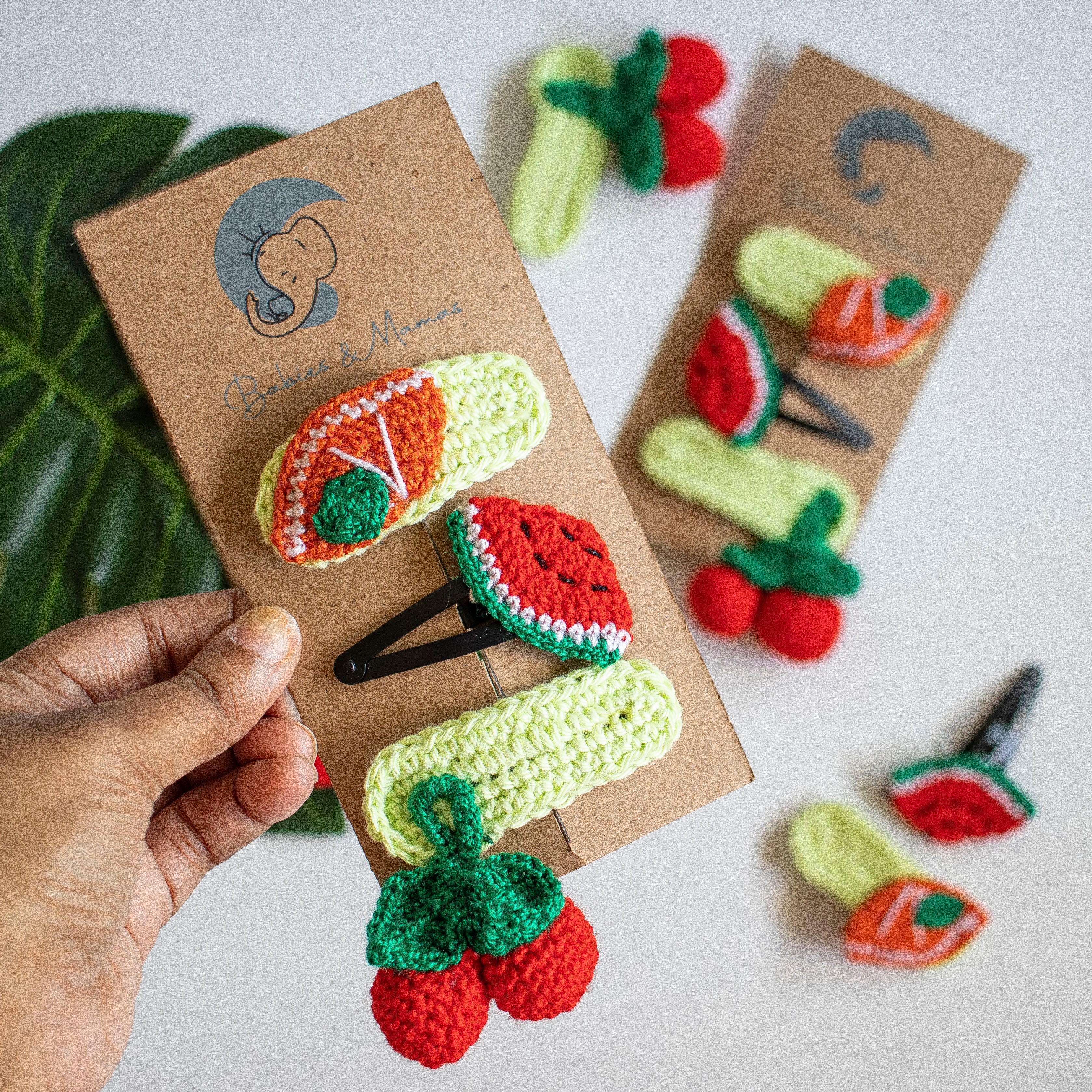 Handmade Crochet Hair Clips (Green, Red, Orange)