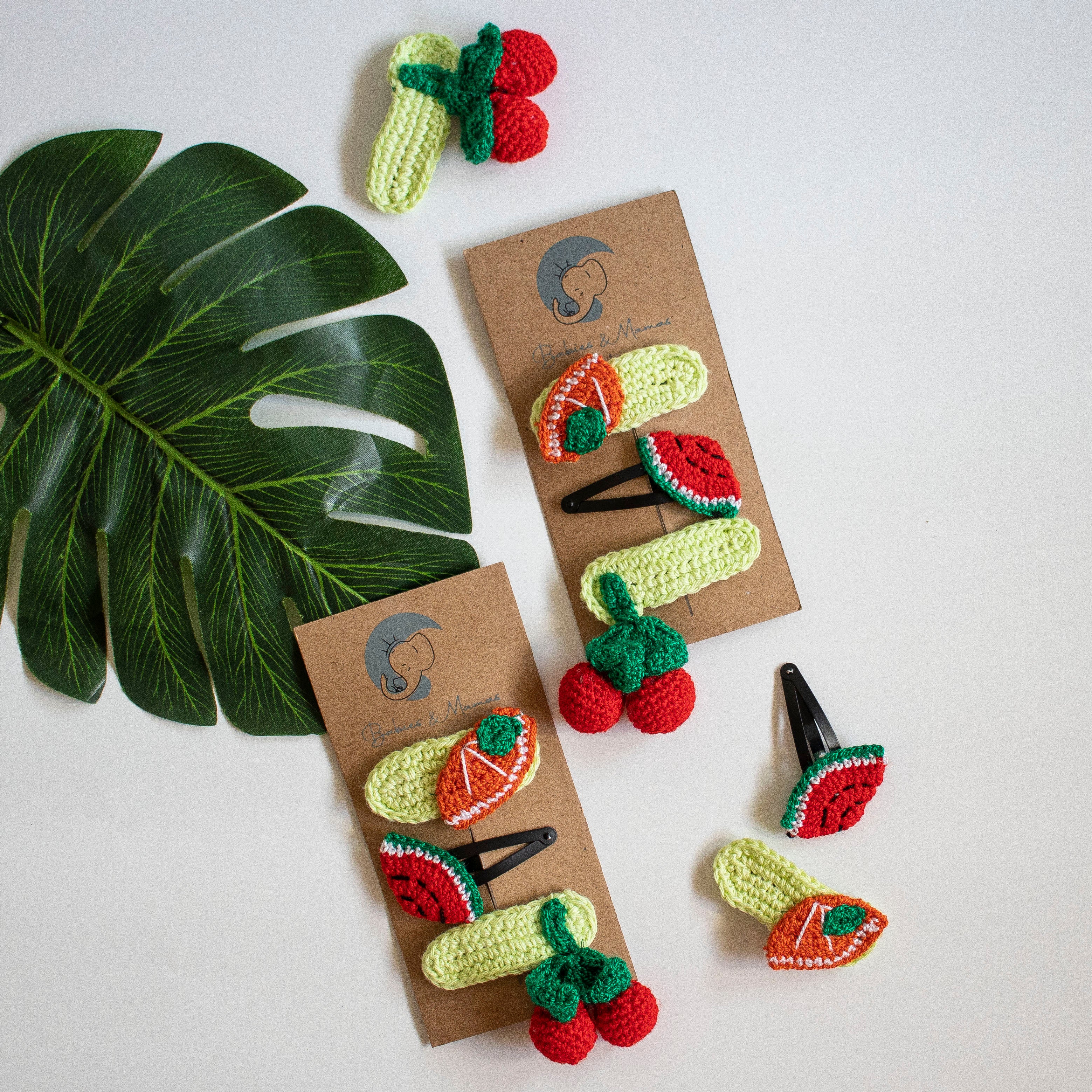 Handmade Crochet Hair Clips (Green, Red, Orange)