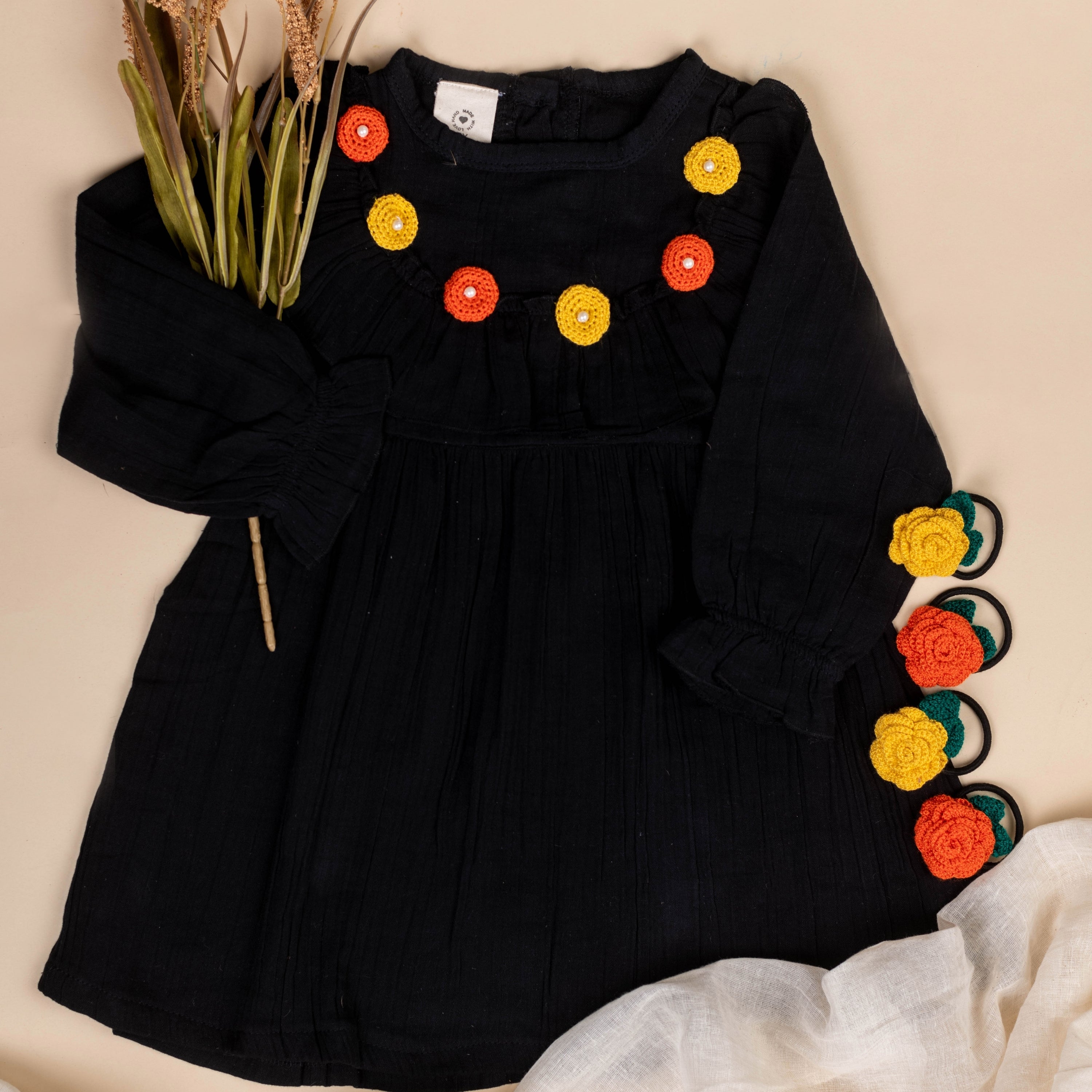 Organic Cotton Muslin Black Dress &  Rose Rubberband-Gift Set