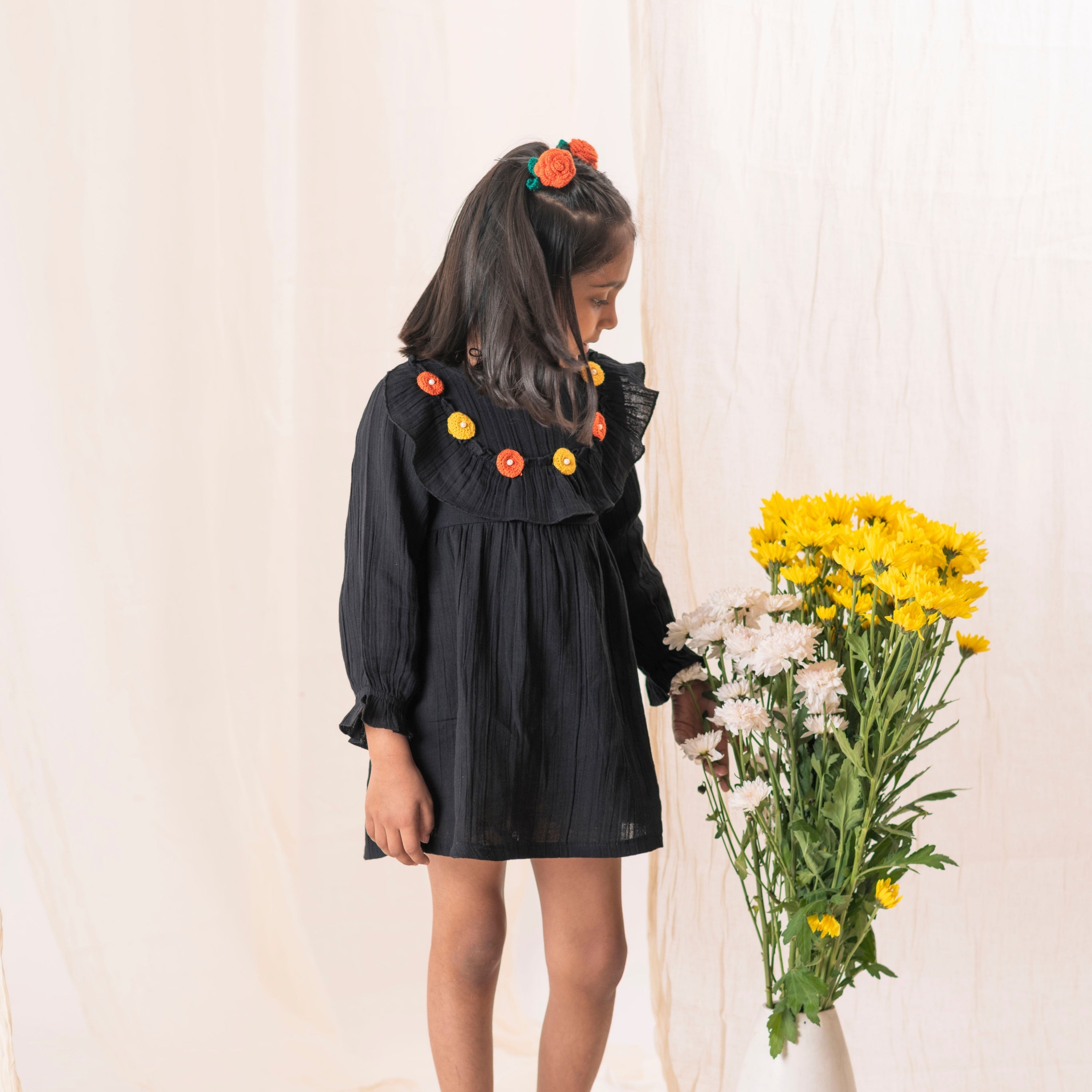 Organic Cotton Muslin Black Dress &  Rose Rubberband-Gift Set
