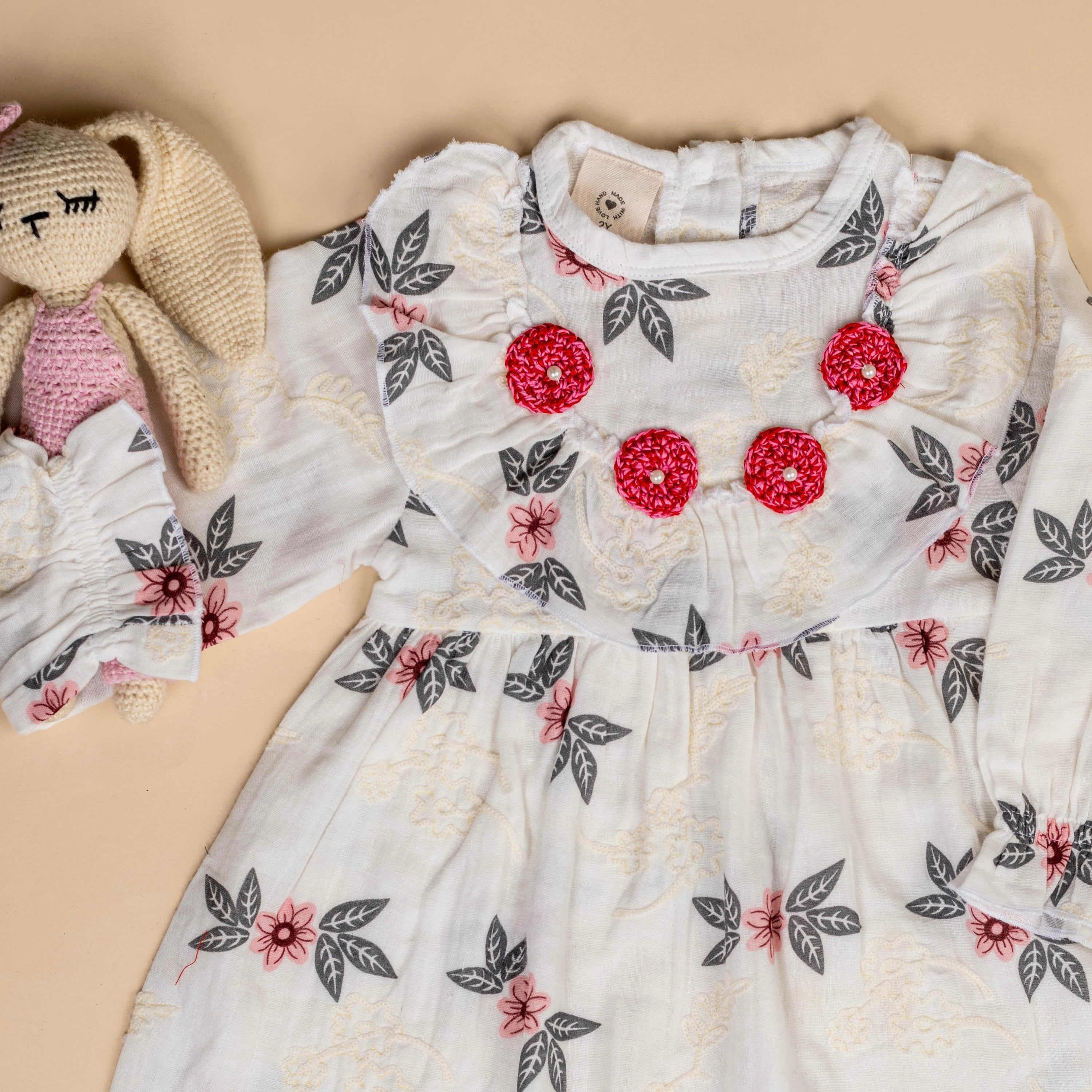 Organic Cotton Muslin White Floral  Dress & Pink Flower Long Clip-Gift Set