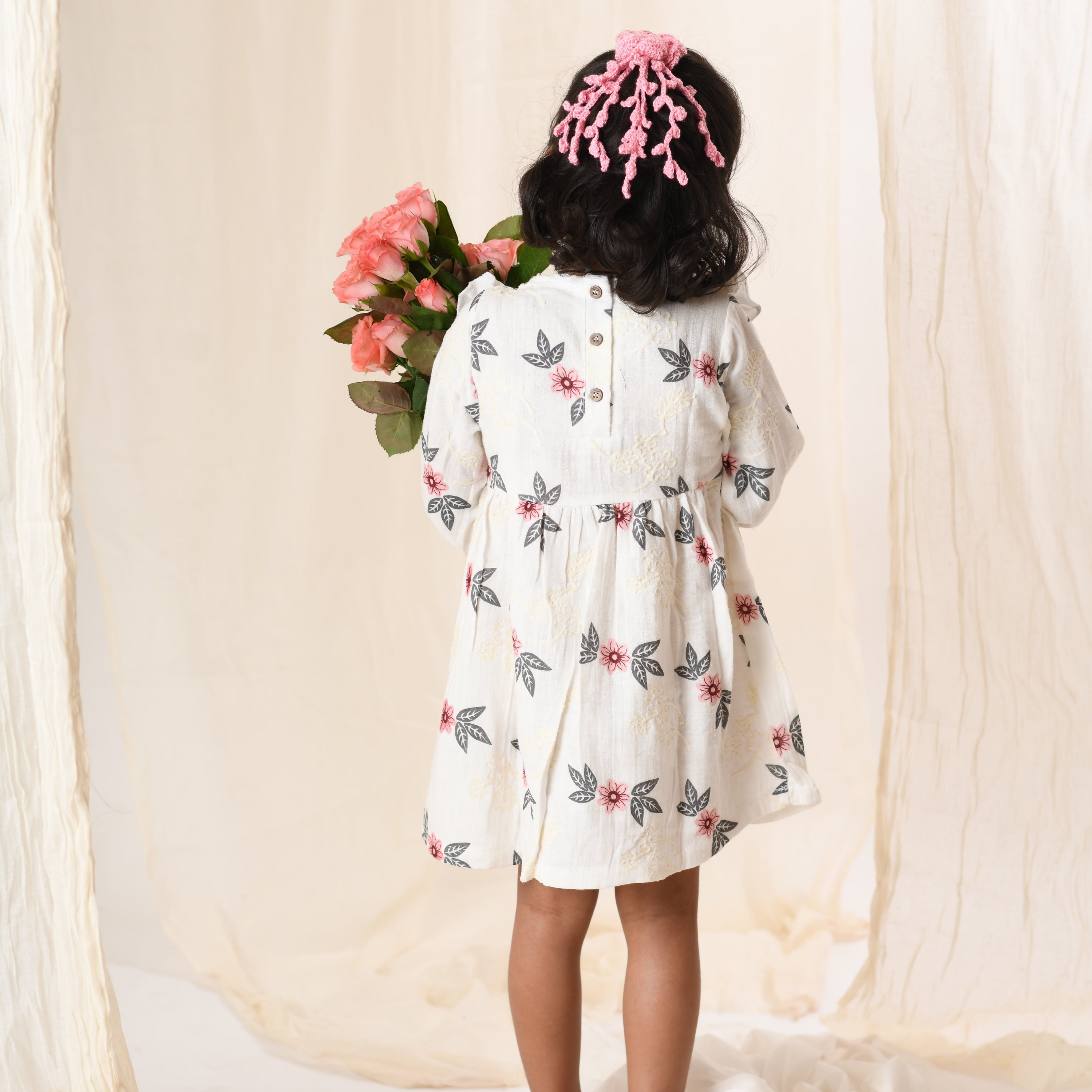 Organic Cotton Muslin White Floral Dress & Pink Flower Long Clip-Gift Set