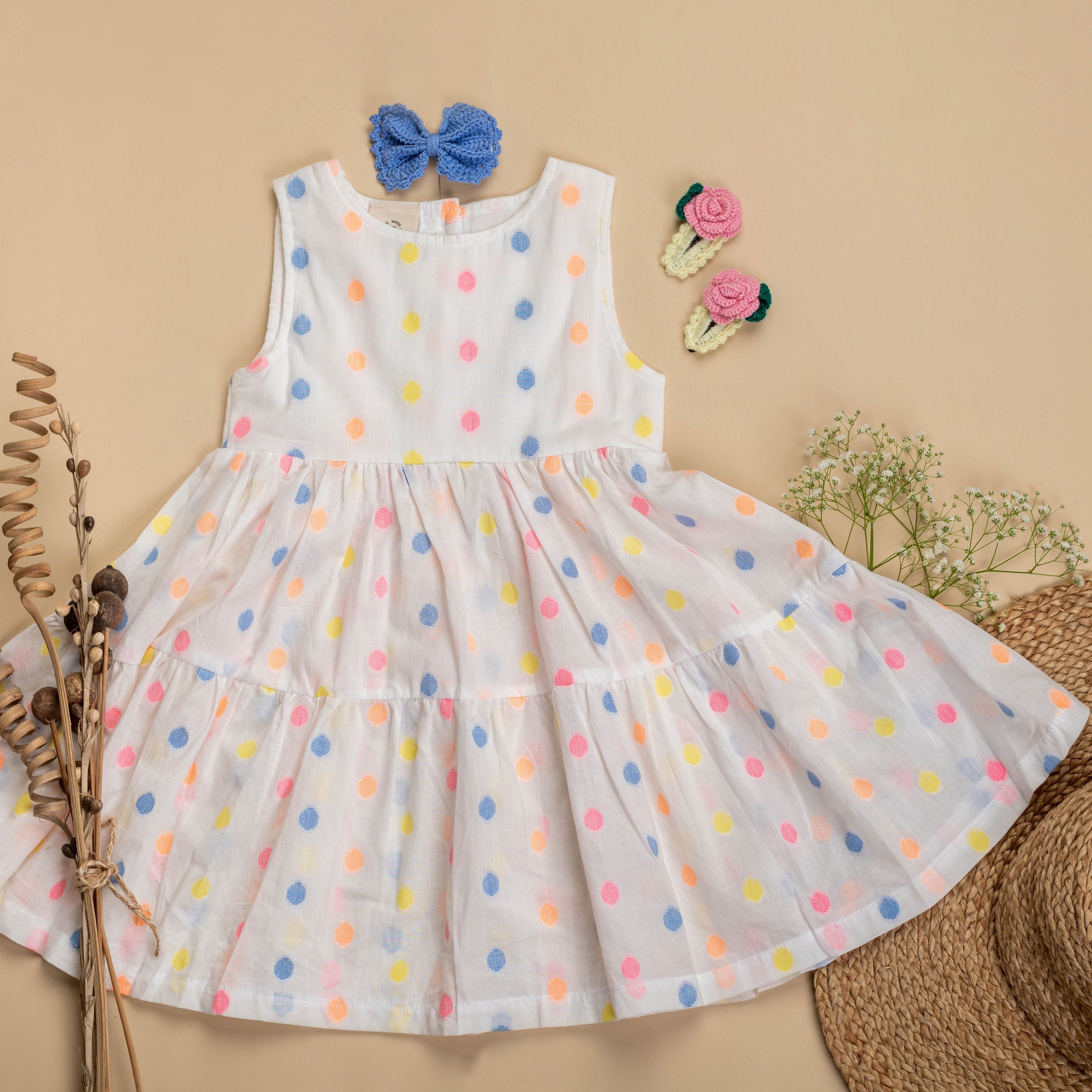Organic Cotton Polka Dot Dress & Rose Clip, Bow Set/Gift Set-Gift Set