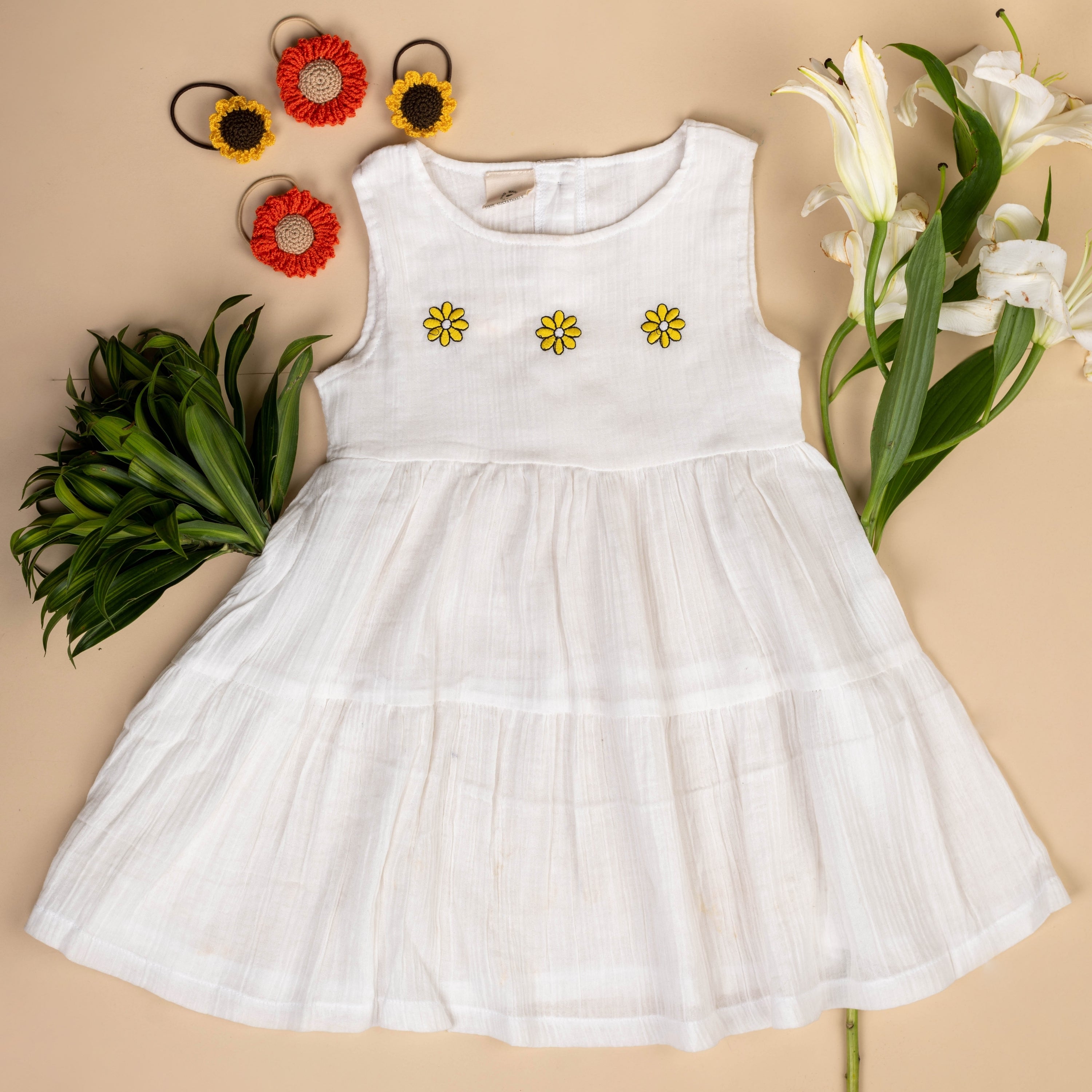 Organic Cotton Muslin Flower Dress & Sunflower Rubberbands Set- Gift Set