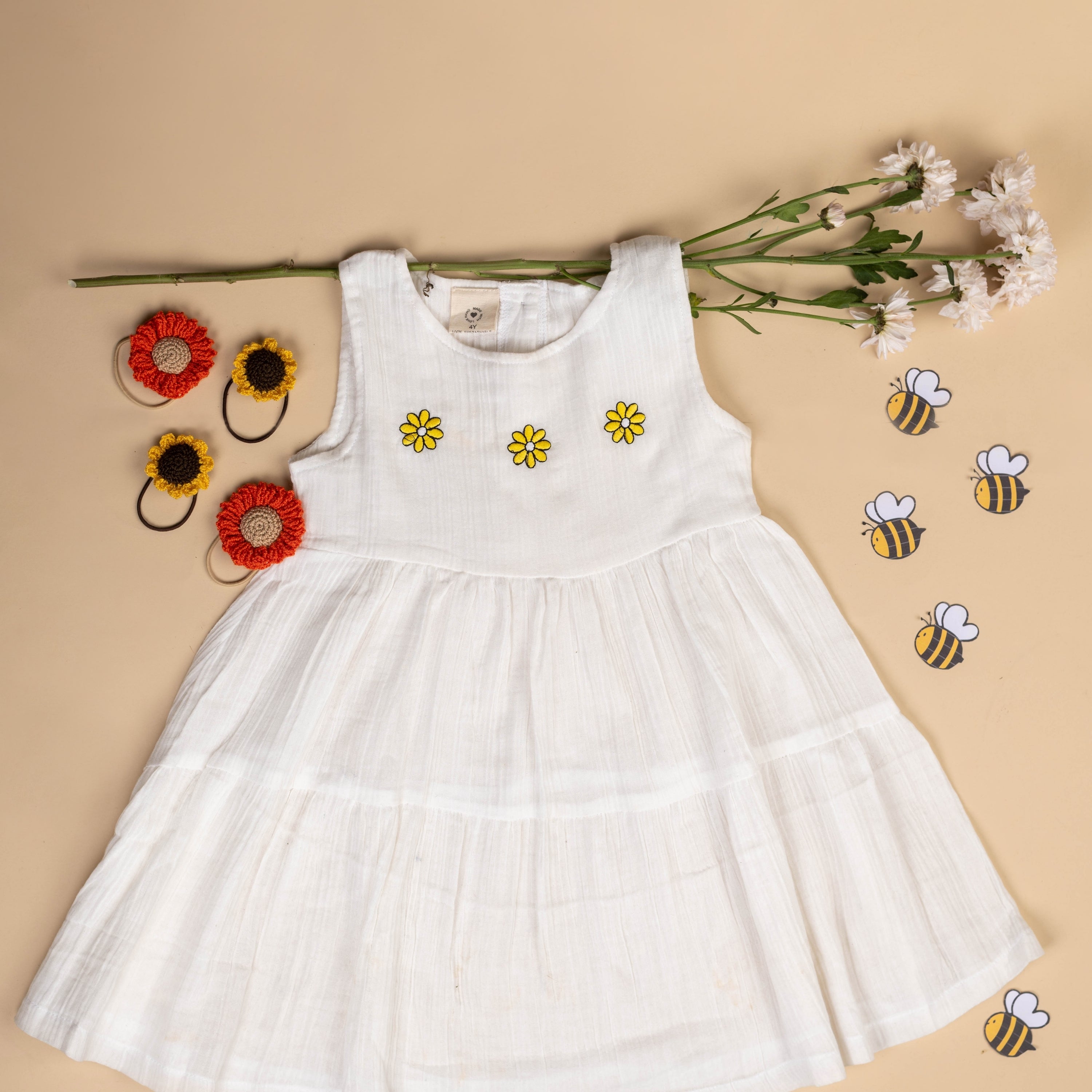 Organic Cotton Muslin Flower Dress & Sunflower Rubberbands Set- Gift Set