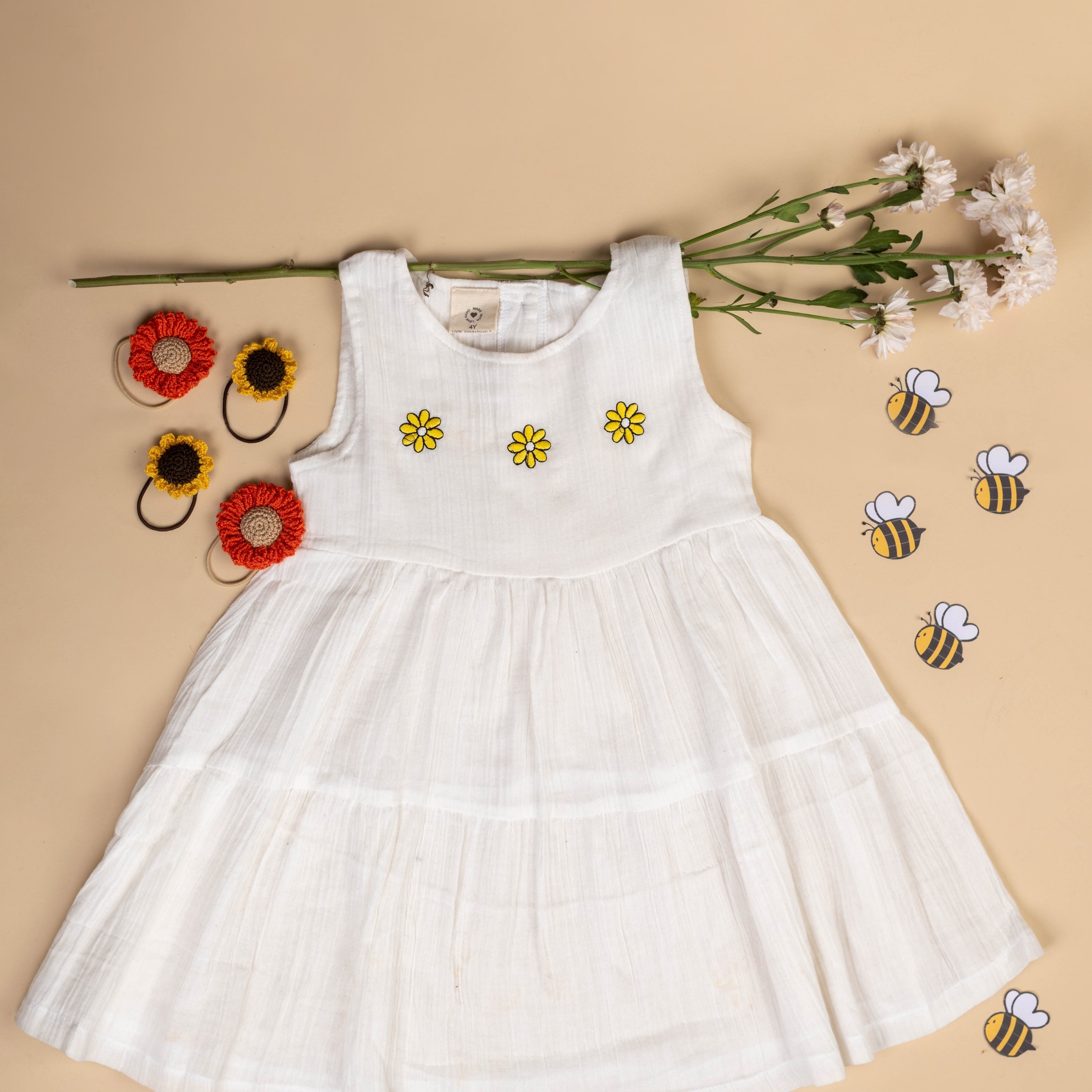 Organic Cotton Muslin Flower Dress &  Sunflower Rubberbands Set- Gift Set