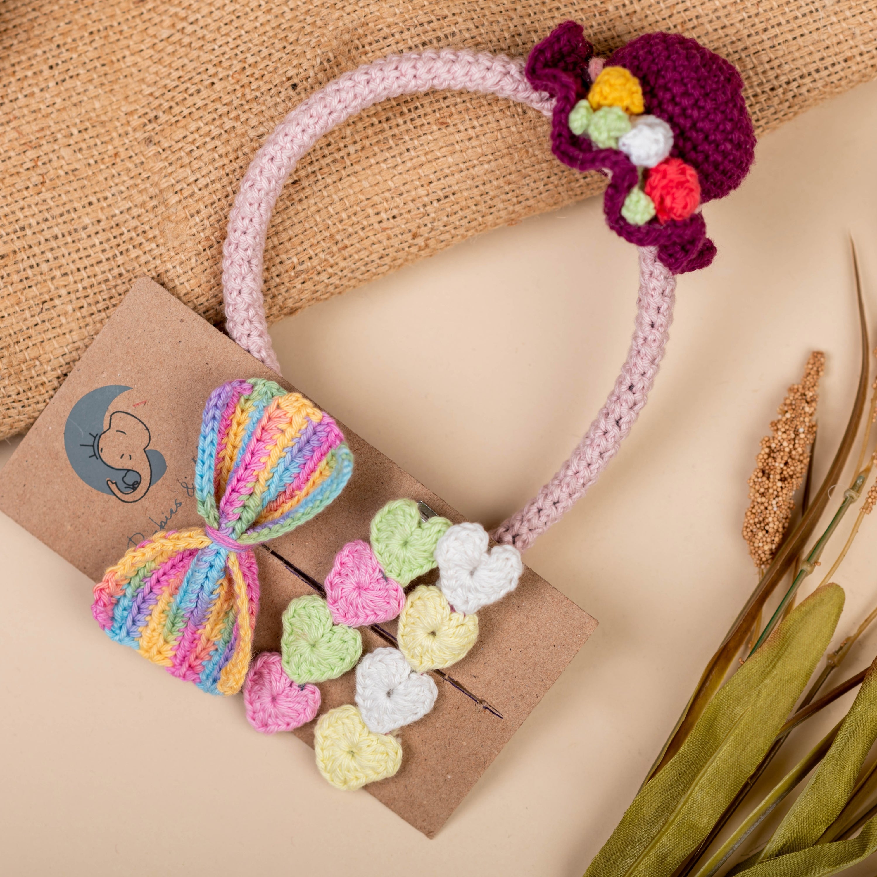 All I Have Ever Wanted - Crochet Hat  Hairband/ Multicolor Bow/ Heart  Alligator Clip - Gift Set