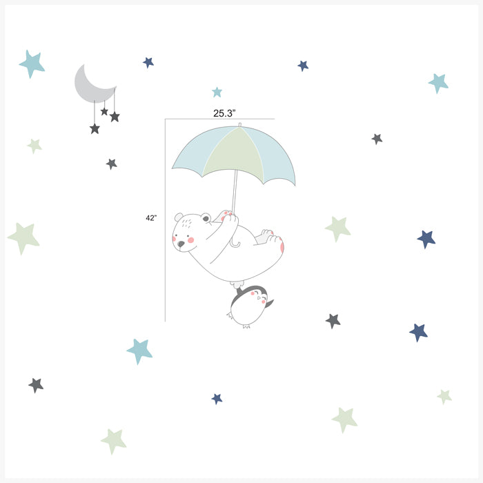 Bear & Penguin Flying With Umbrella Wall Sticker