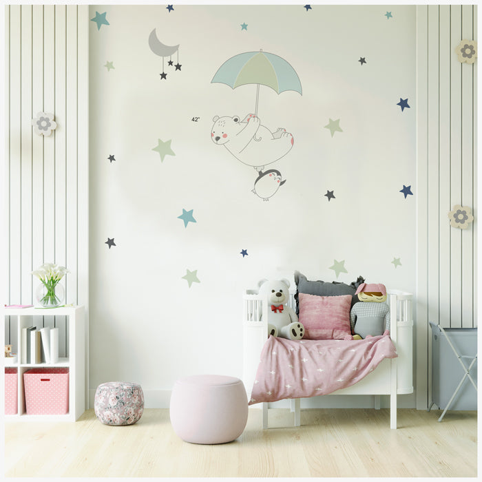 Bear & Penguin Flying With Umbrella Wall Sticker