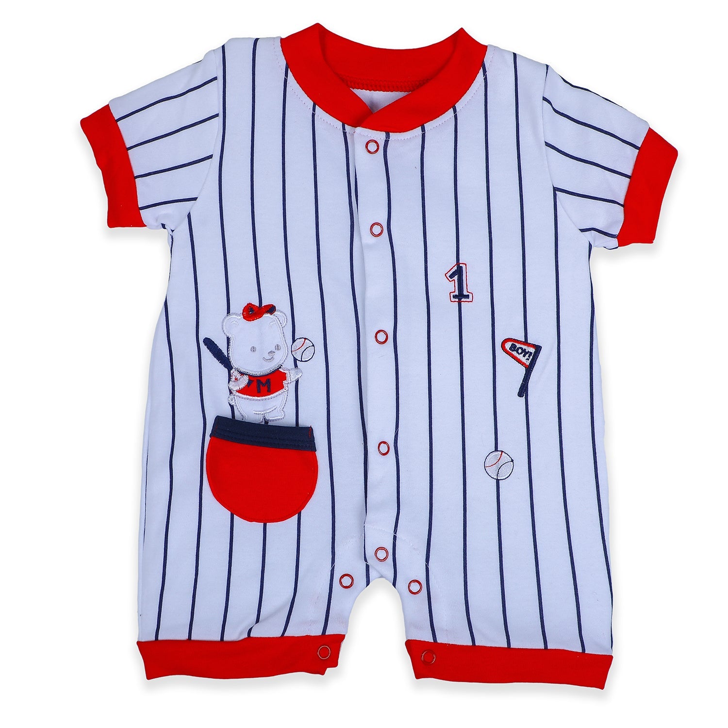 Baby Moo Sporty Teddy Striped Soft Cotton Short Romper - Red - Baby Moo