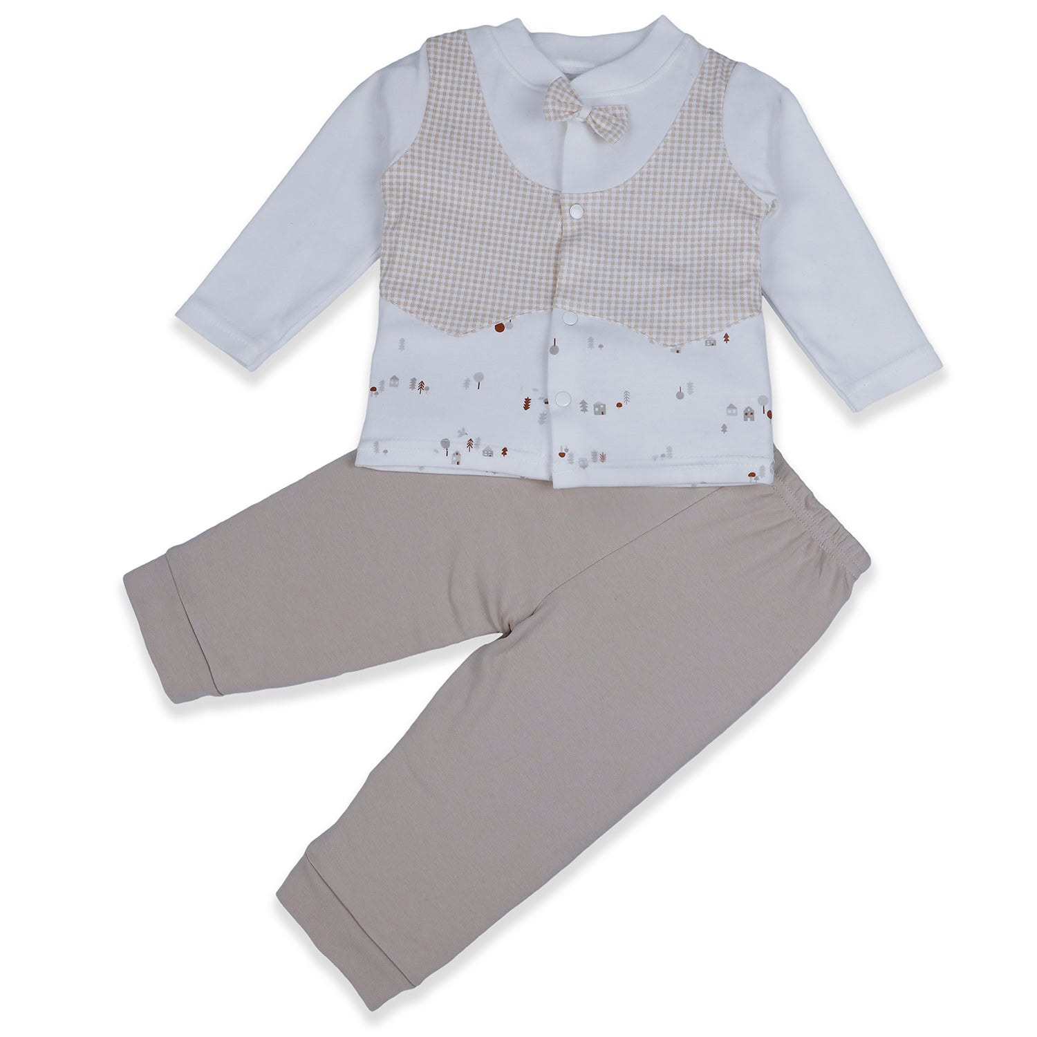 Baby Moo Chequered Gentleman's Long Sleeve 2pcs Baby Suit - Beige - Baby Moo