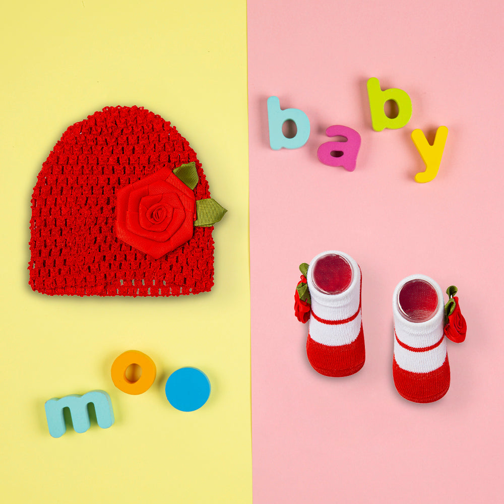Rosy Red Socks And Cap Set
