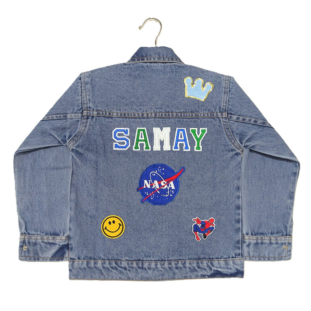 Custom Denim Jackets With Embroidered Varsity Letter Patches Light Blue