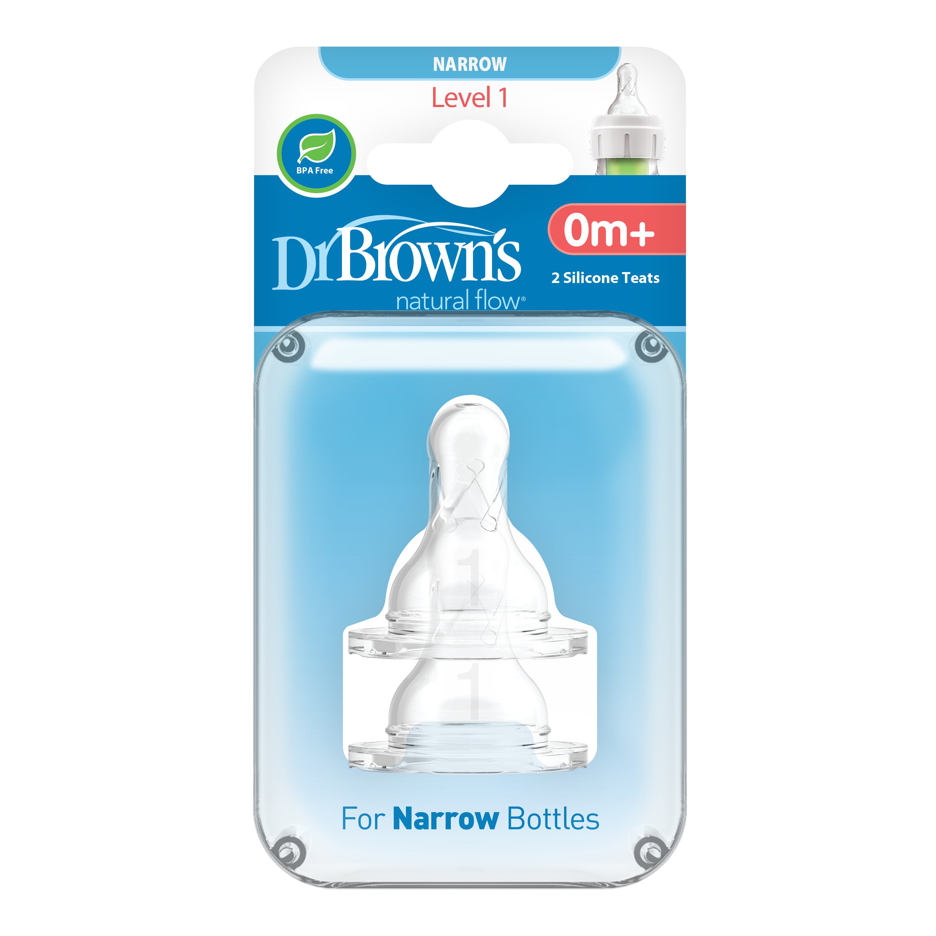 Dr. Brown's Level 1 Silicone Narrow Nipple, 2-Pack