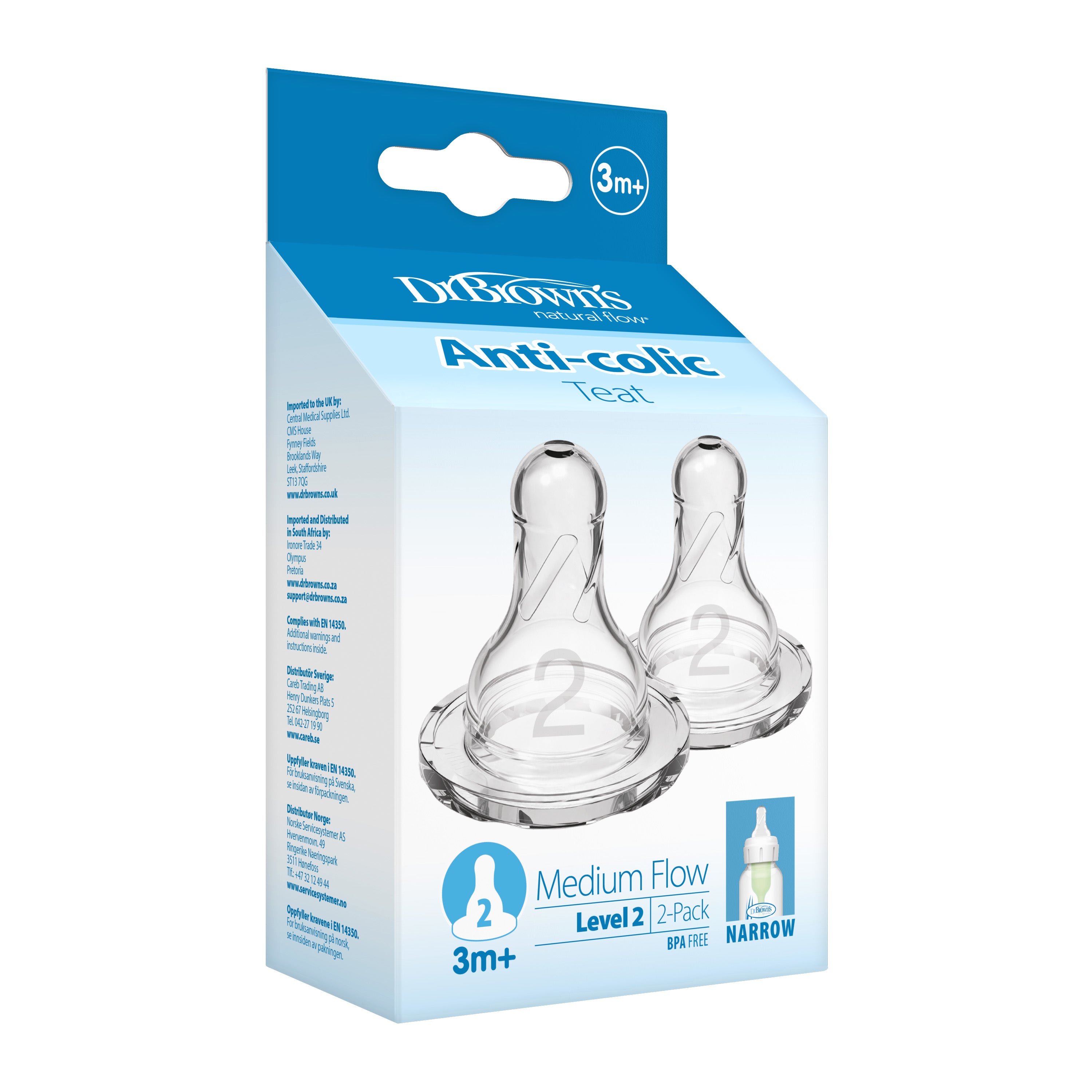 Dr. Brown's Level 2 Silicone Narrow Nipple, 2-Pack