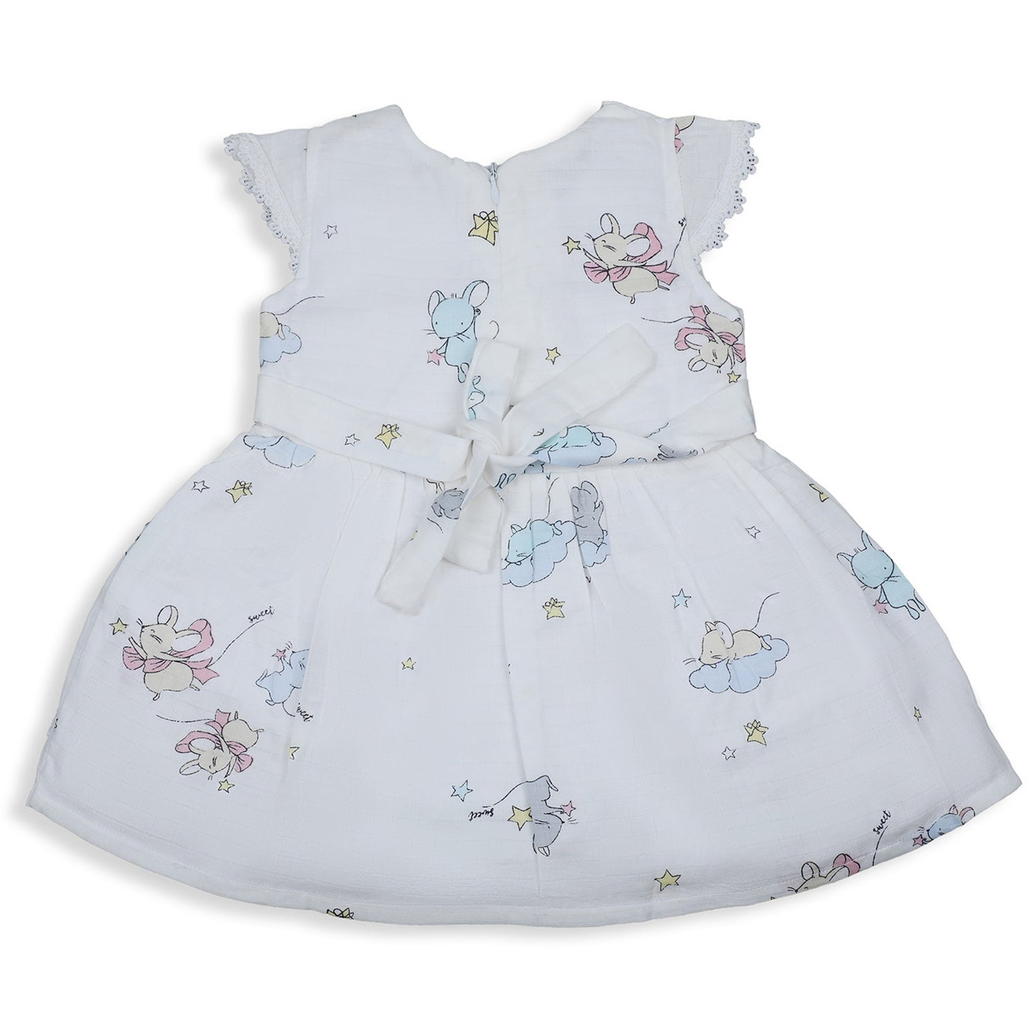 Baby Moo Soft In Cloud Bow With Short Sleeves Muslin Dress - Pink - Baby Moo