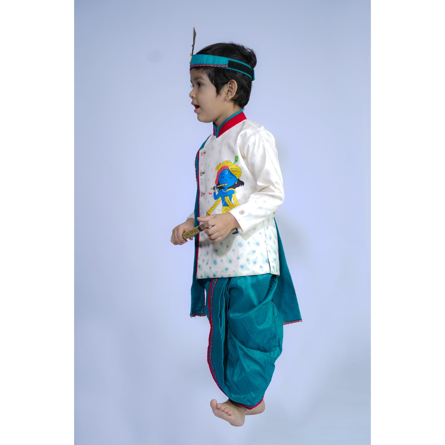 Baby Moo x Kurta Co. Krishna Digital Print Kurta Dhoti Set with Accessories - Premium Plastic Gift Box 5pcs Set - Blue