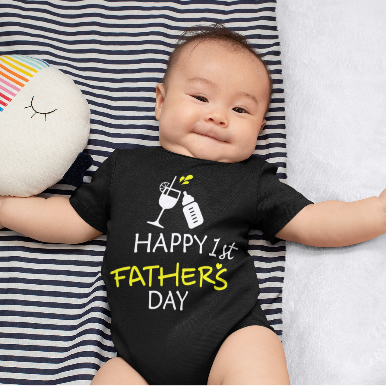 First Father's Day Bottle & Glass Black Onesie / Romper / Tshirt