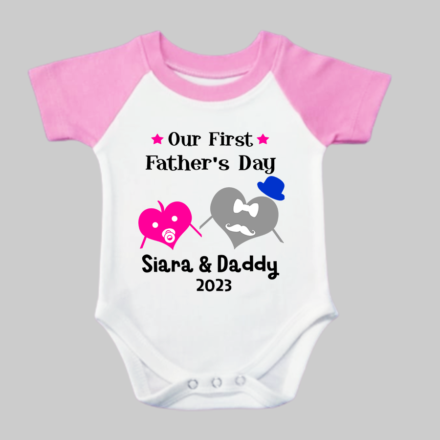 Our First Father's Day Cartoon Hearts Raglan Pink Onesie