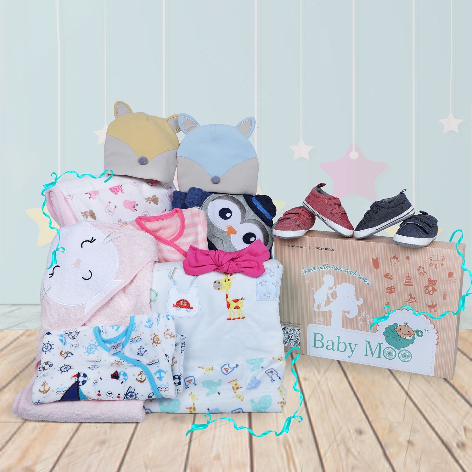 Baby Moo Welcome Baby Twins 11 Pcs Luxury Gift Hamper For Girl And Boy Pink And Blue - 0-9M Sizes Available - Baby Moo