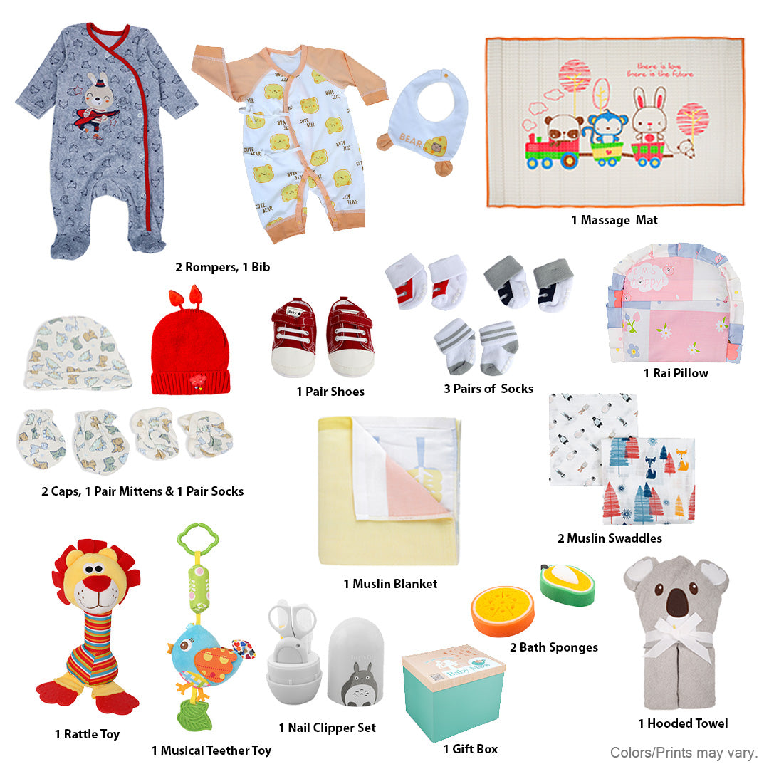 Baby Moo Hot Air Balloon Animal Themed Masoom 22 Pcs Luxury Gift Hamper Unisex Red - 0-12M Sizes Available - Baby Moo