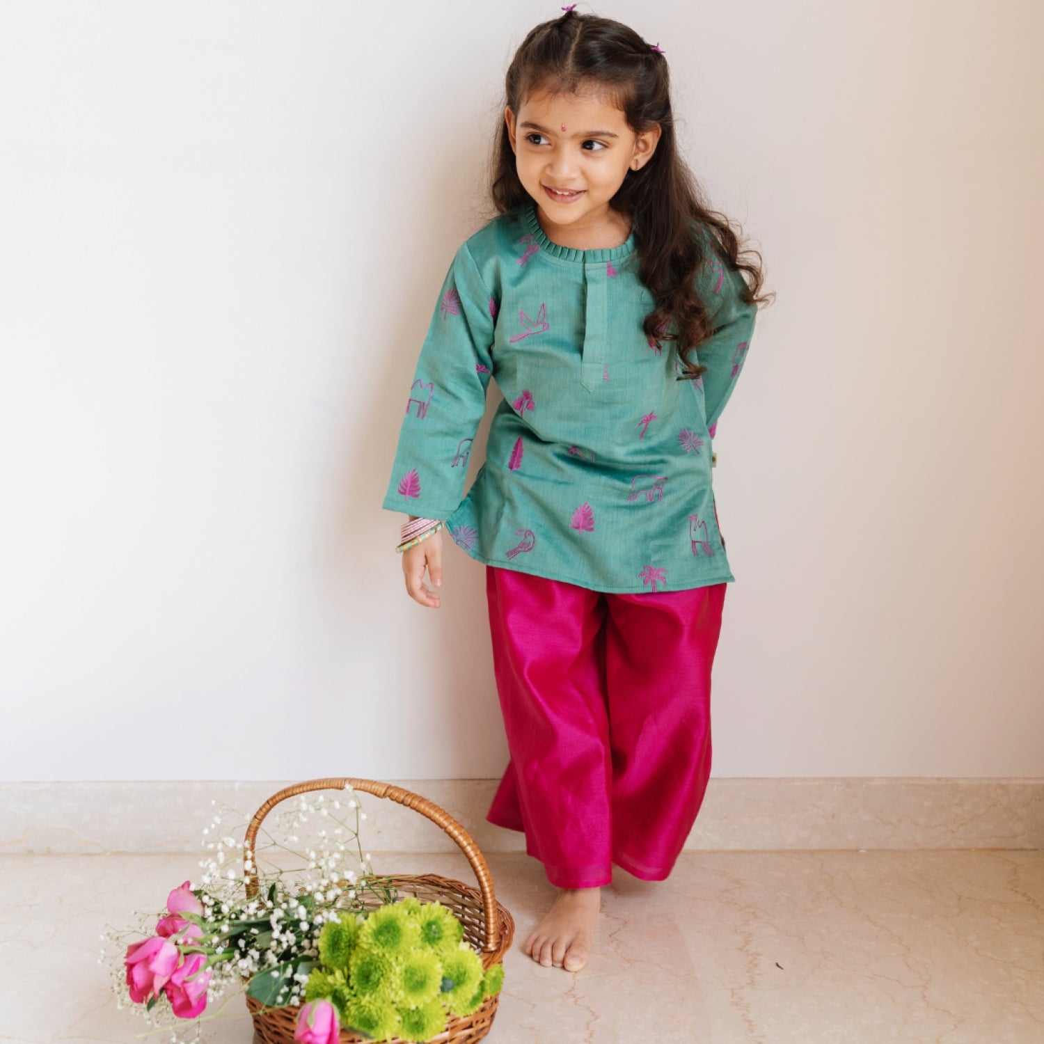 Chanderi Kurti Pants Set | Embroidered - Magical Jungle (Emerald)